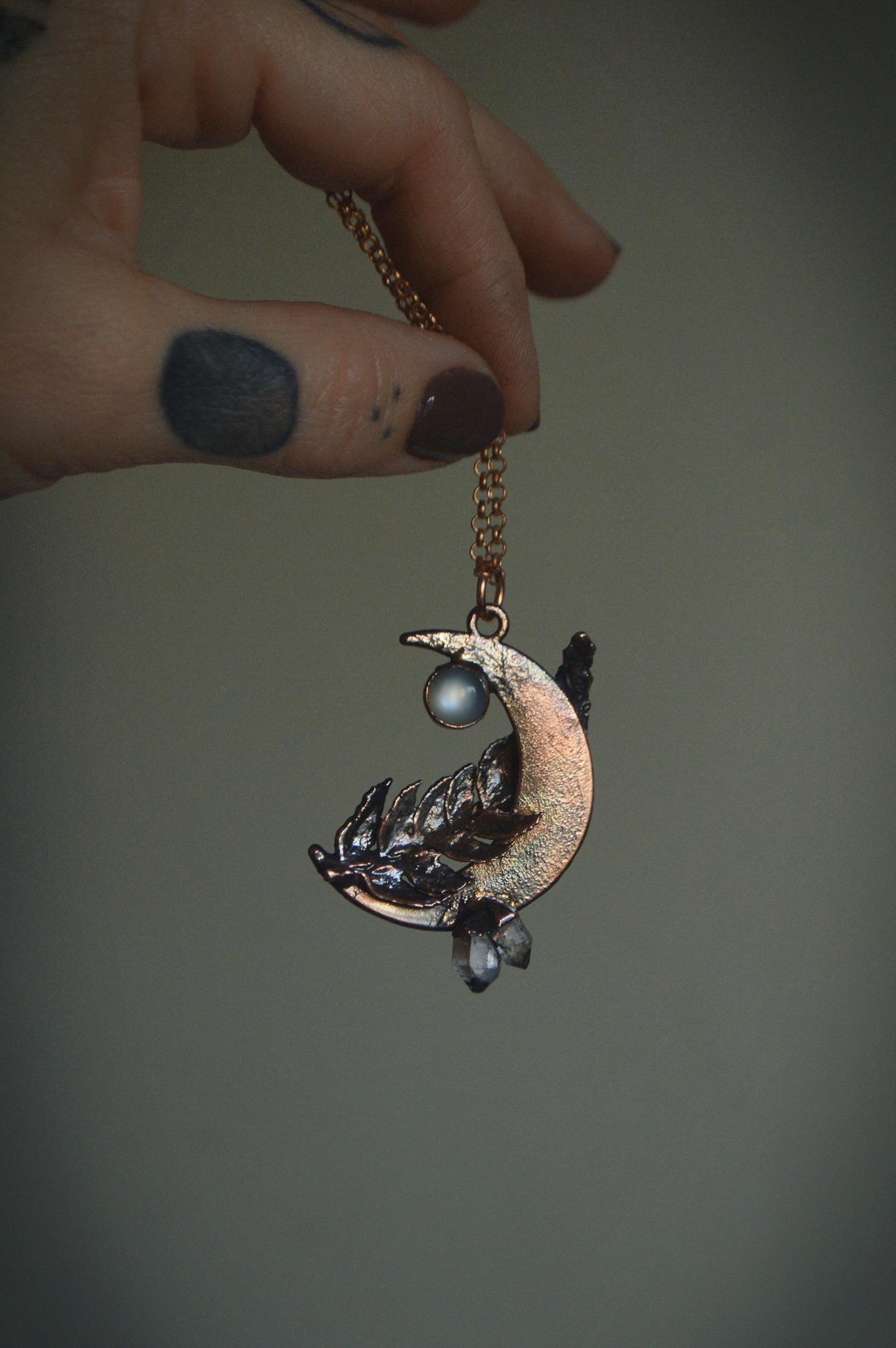 Real fern leaf necklace with raw quartz and moonstone, dreamy jewellery