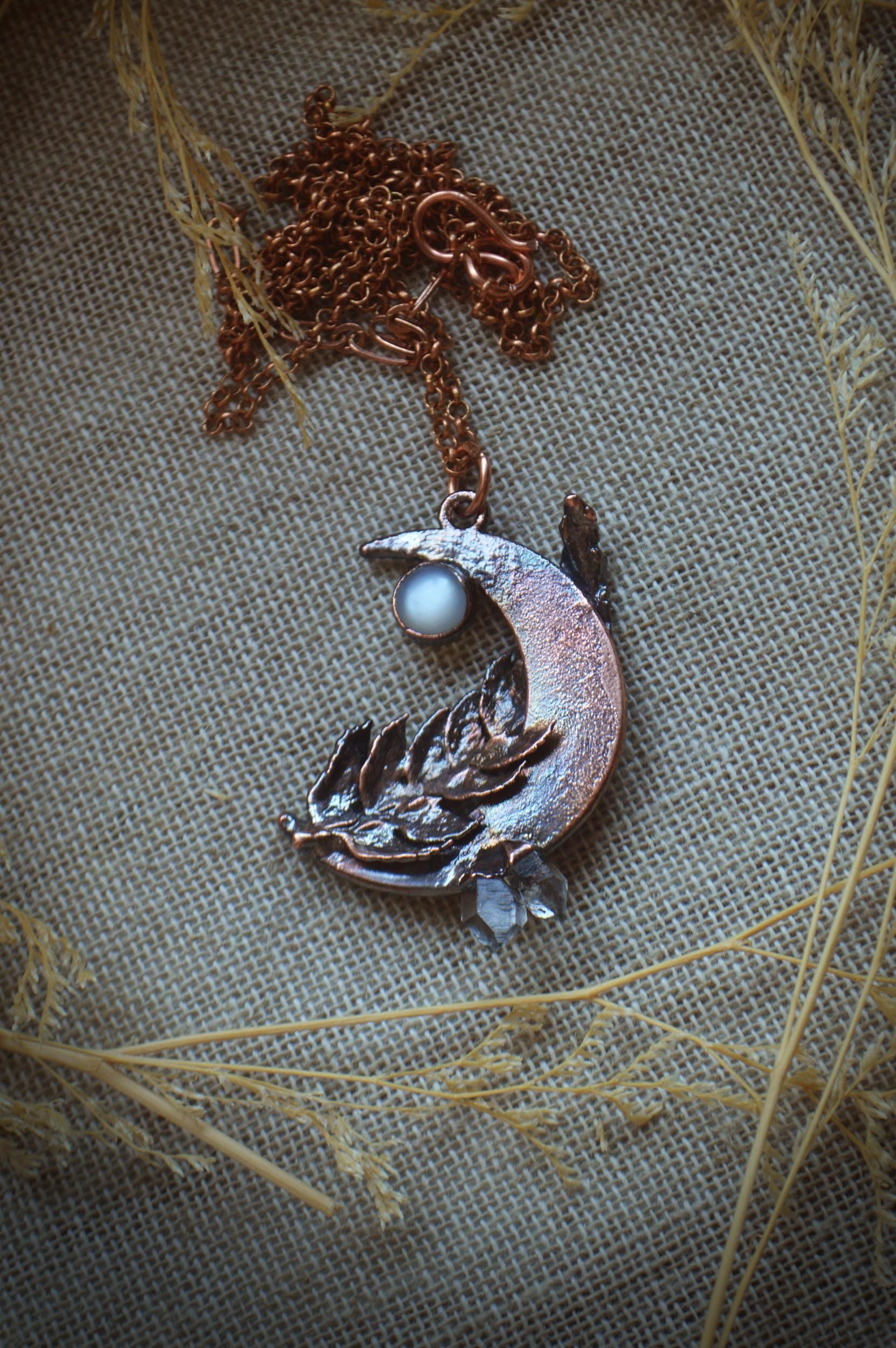 Real fern leaf necklace with raw quartz and moonstone, dreamy jewellery
