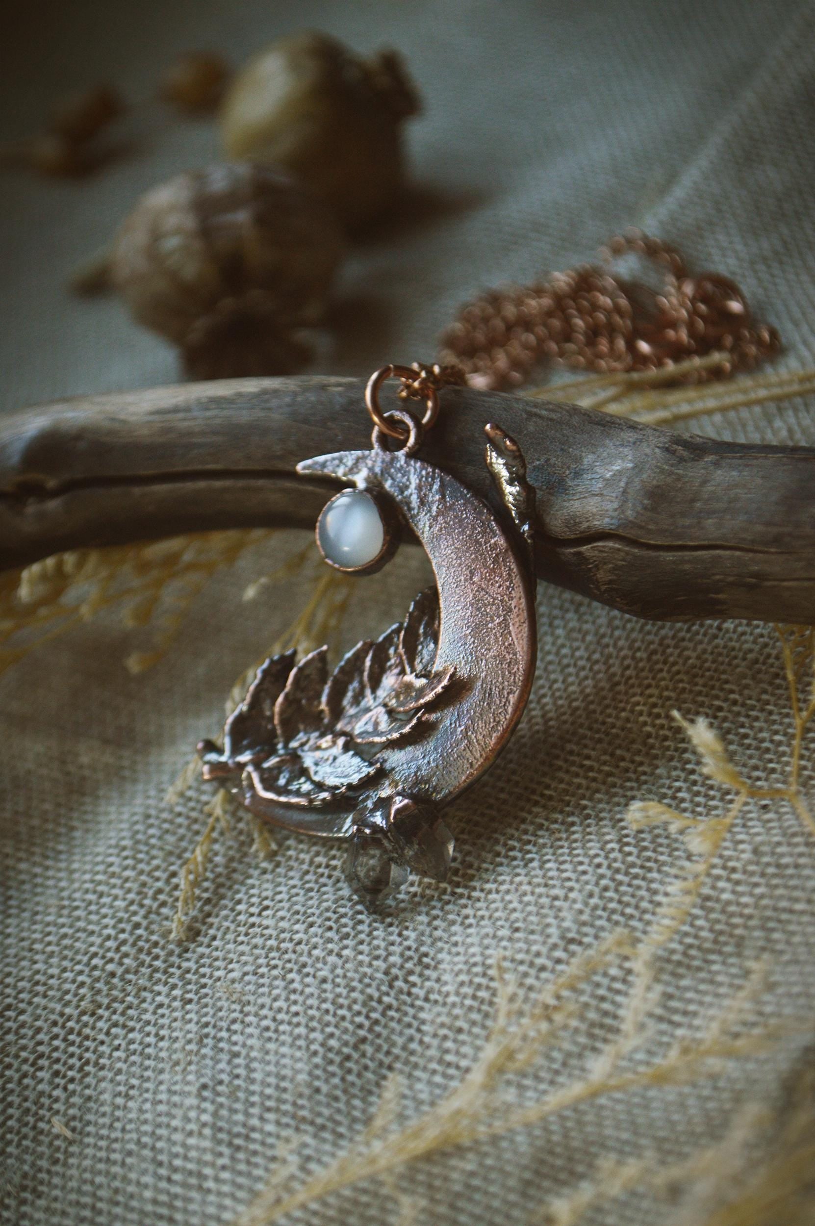 Real fern leaf necklace with raw quartz and moonstone, dreamy jewellery