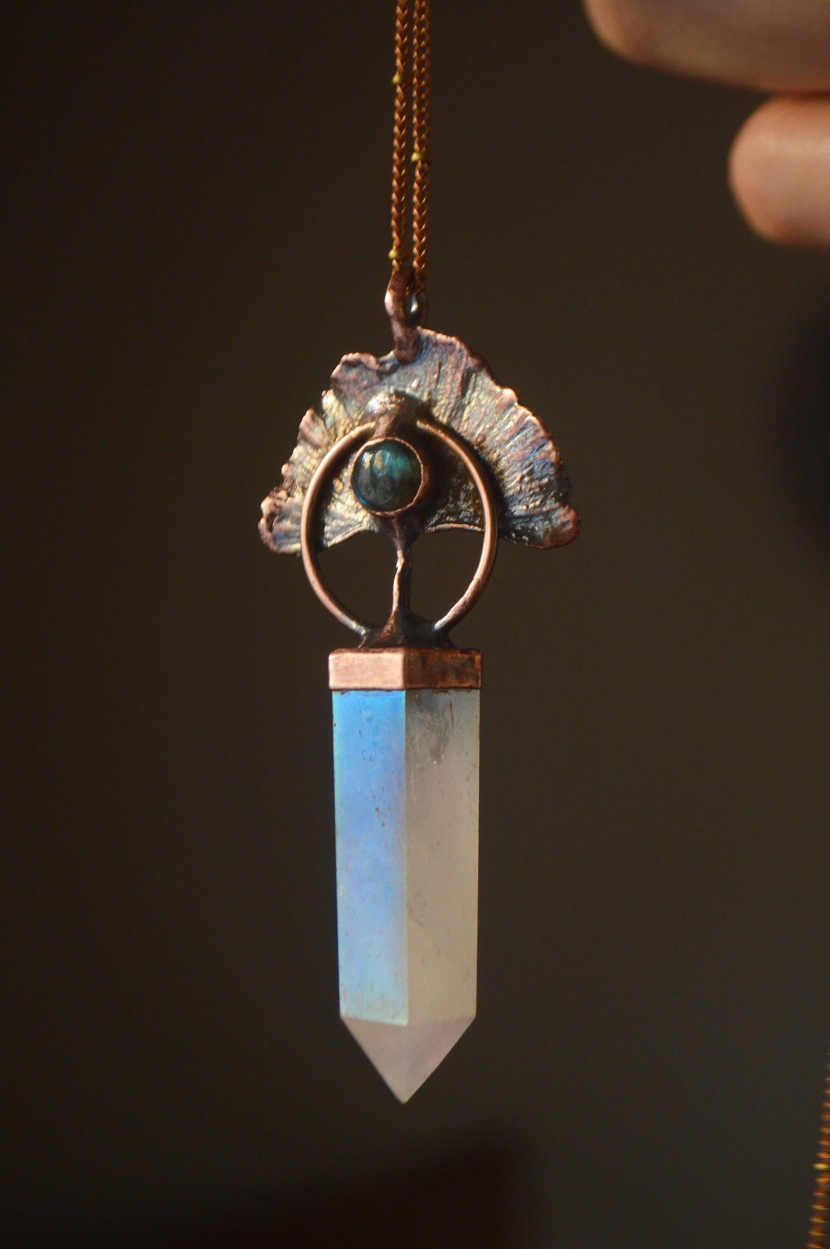 Real gingko leaf aura rose quartz point with labradorite. Botanical jewellery