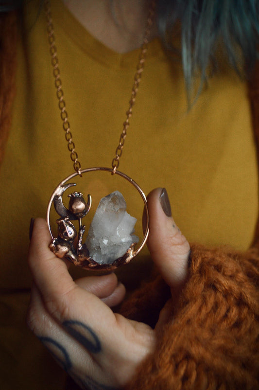 Real botanicals formed into copper, necklace with raw quartz shard and crescent moon