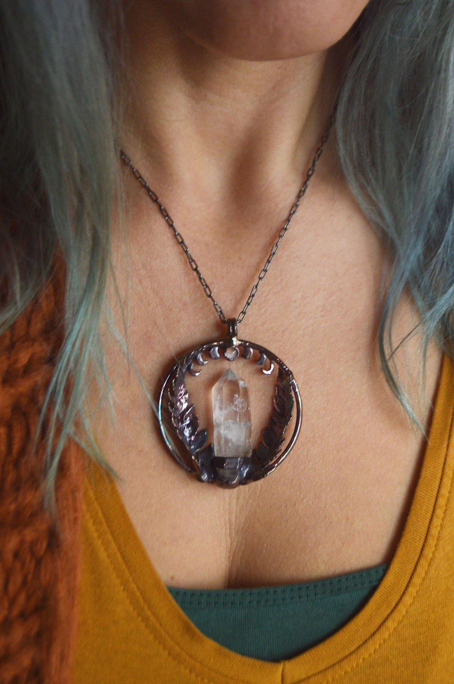 Lunar cycle, real fern leaf necklace with raw quartz and moonstone, dreamy jewellery