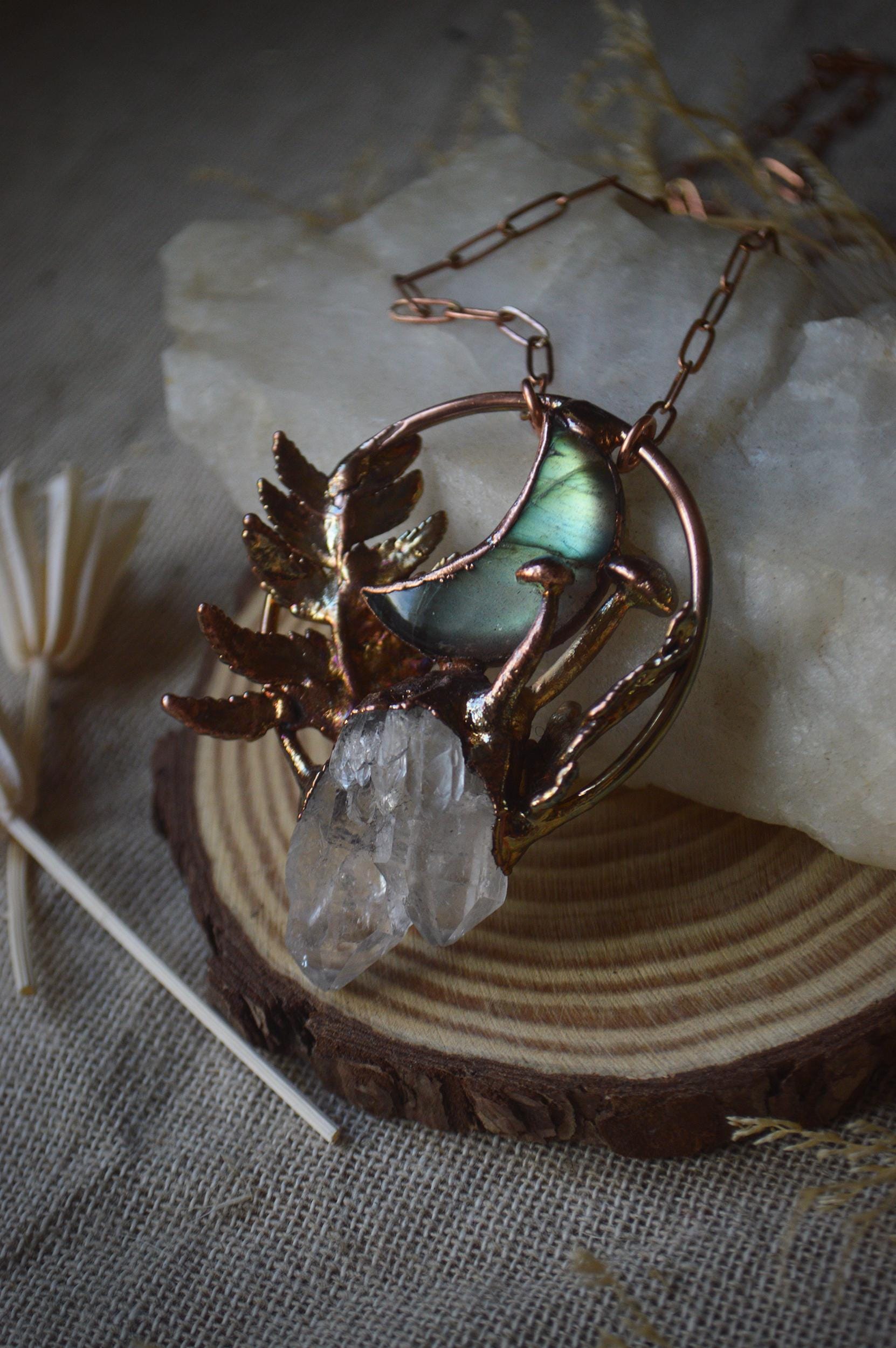 Labradorite Moon sculptural pendant with raw quartz, fern and mushrooms