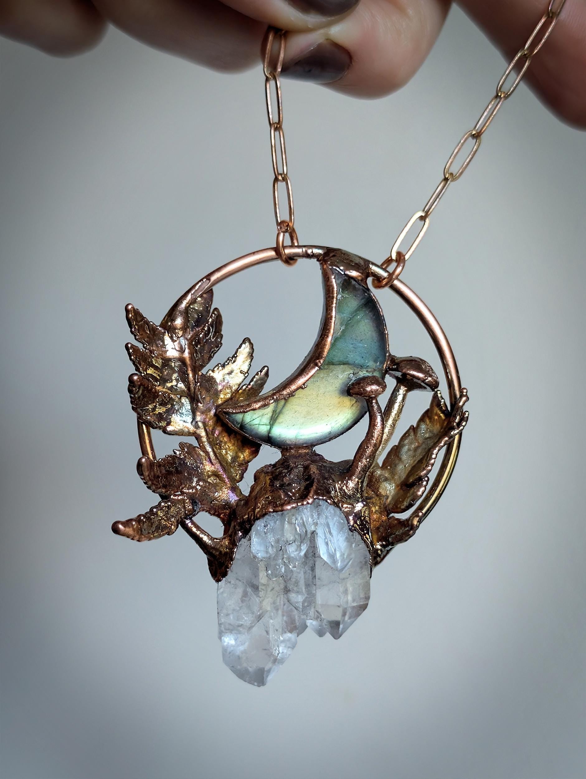 Labradorite Moon sculptural pendant with raw quartz, fern and mushrooms