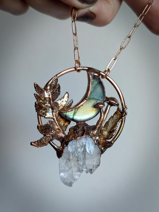 Labradorite Moon sculptural pendant with raw quartz, fern and mushrooms