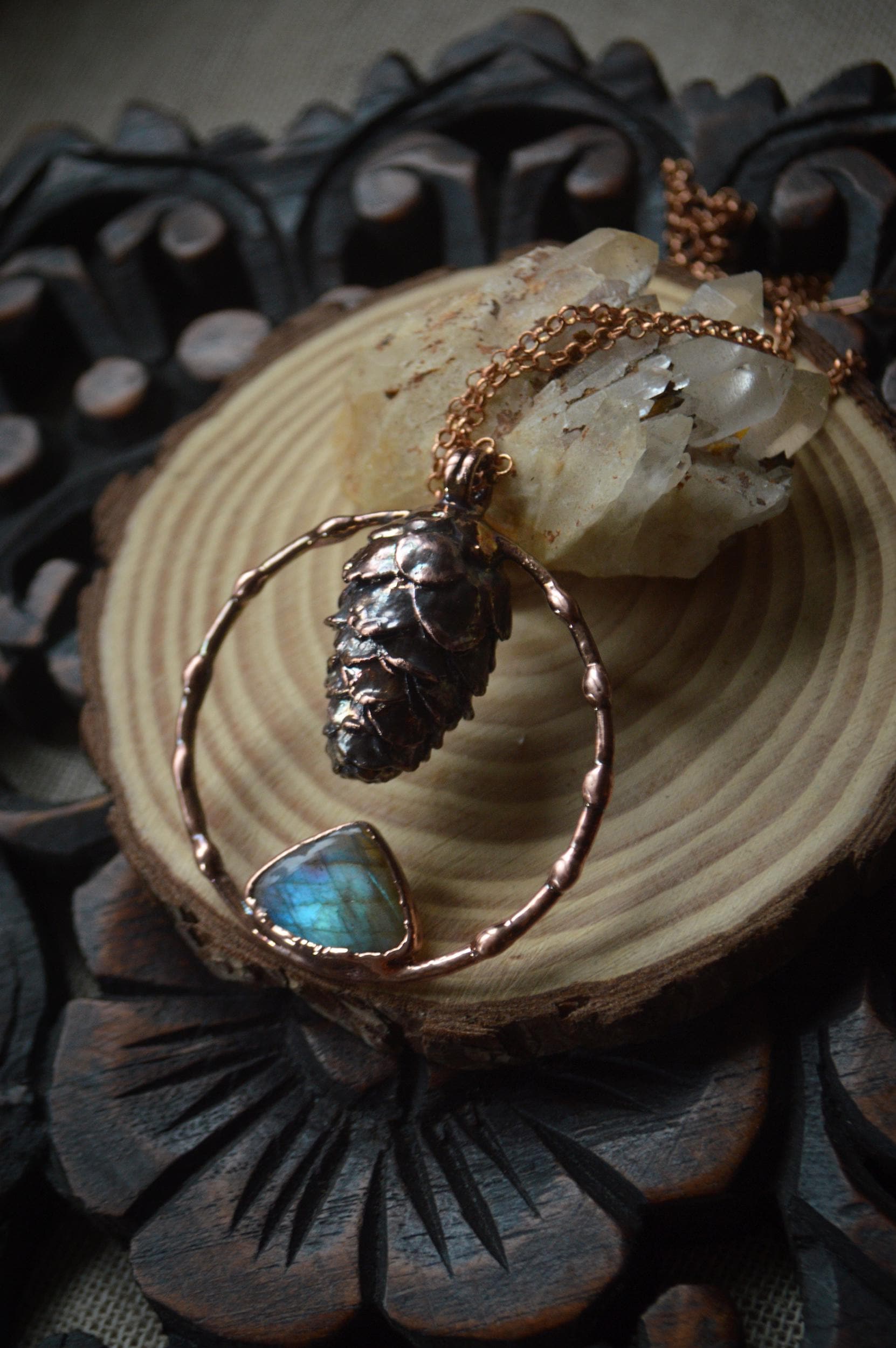 Real pinecone formed in copper pendant with blue labradorite, Christmas gift for her