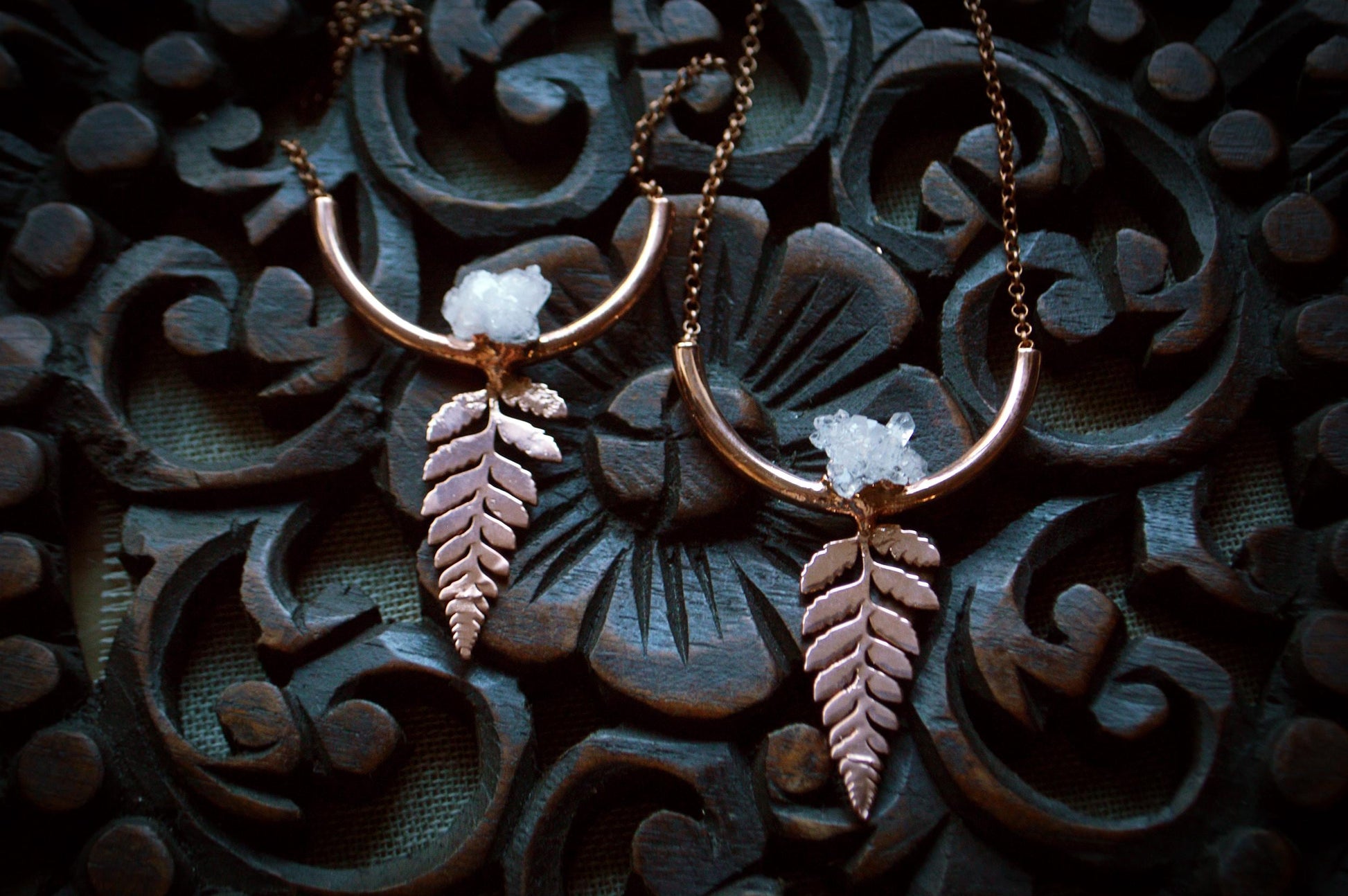 Fern necklace with crystal cluster, cute Christmas gift jewellery