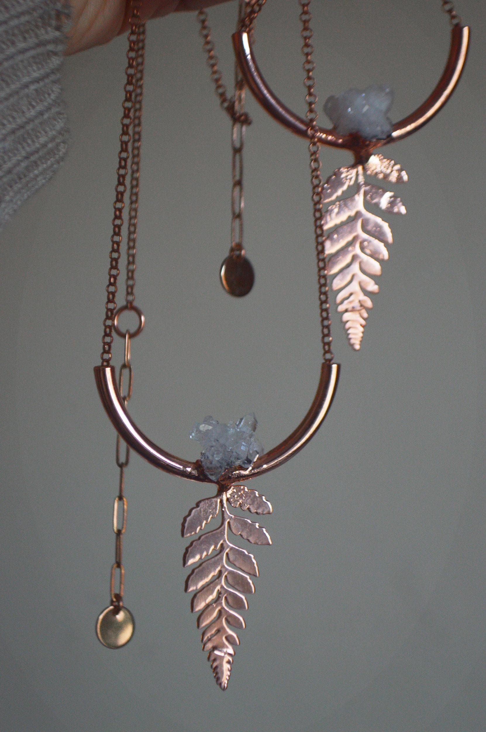 Fern necklace with crystal cluster, cute Christmas gift jewellery