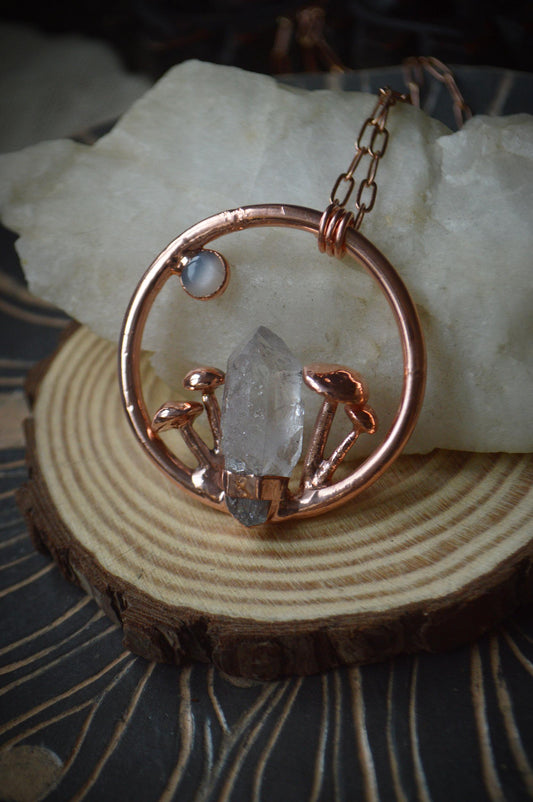 Raw crystal quartz statement mushroom pendant with grey moonstone