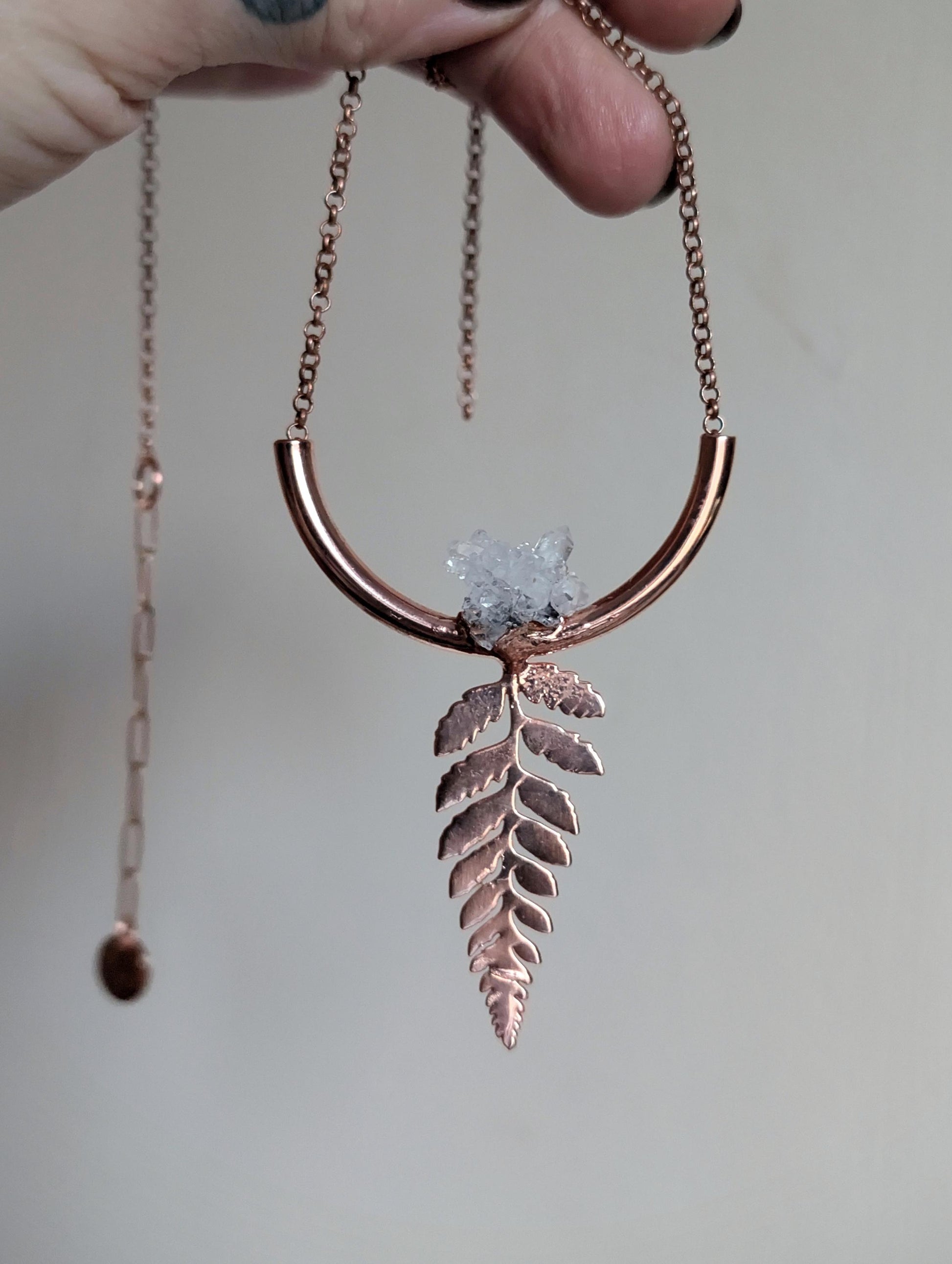 Fern necklace with crystal cluster, cute Christmas gift jewellery