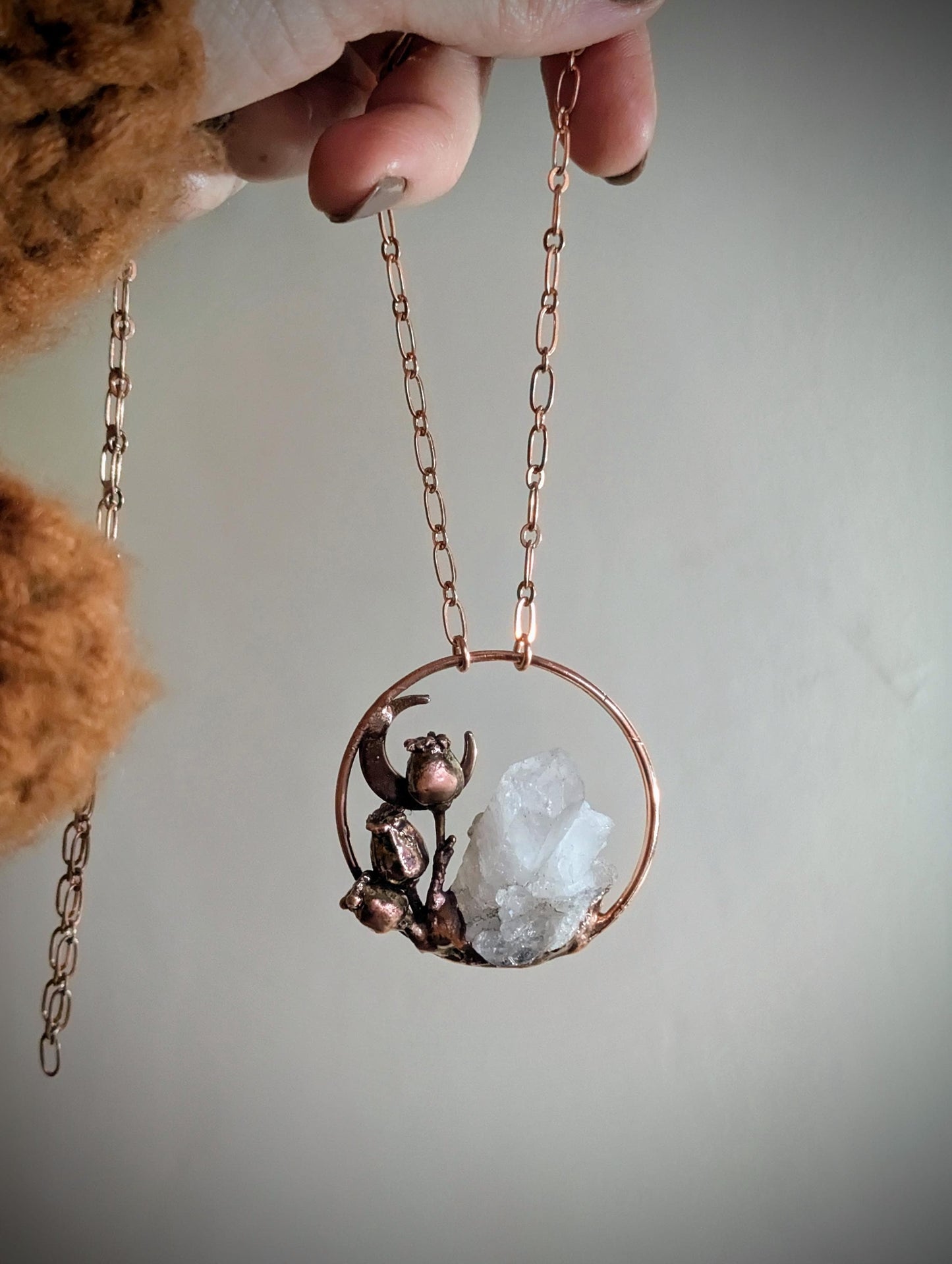 Real botanicals formed into copper, necklace with raw quartz shard and crescent moon