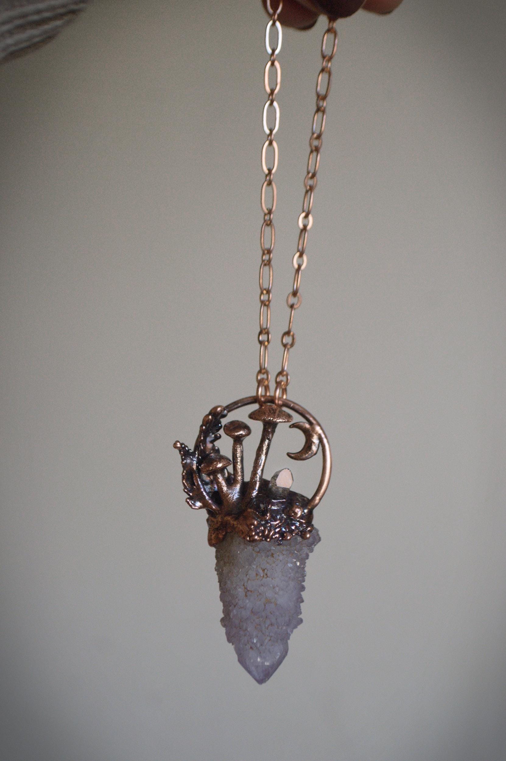 Whimsical fairy quartz tower, mini landscape pendant with tiny moon and mushrooms