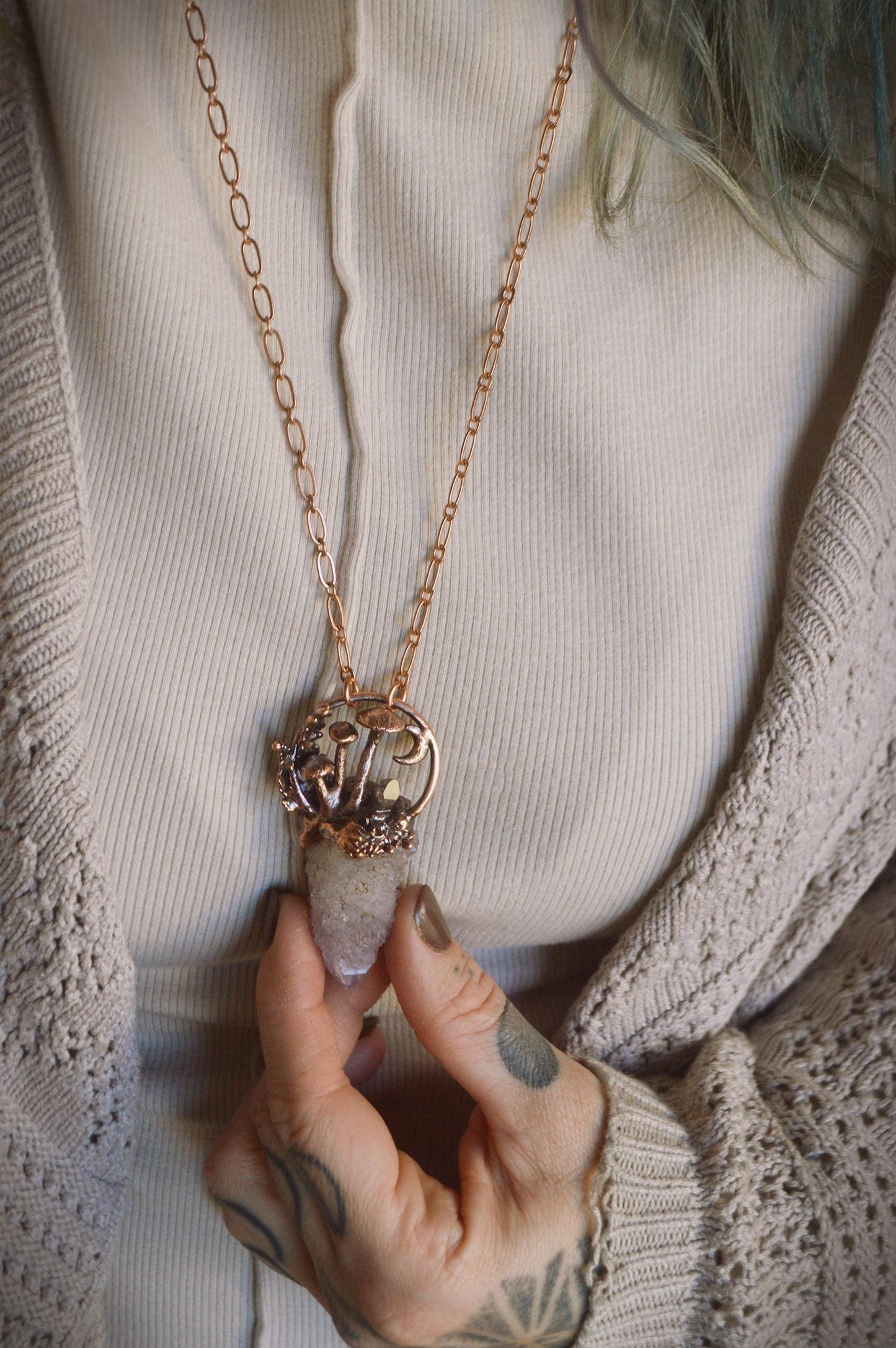 Whimsical fairy quartz tower, mini landscape pendant with tiny moon and mushrooms