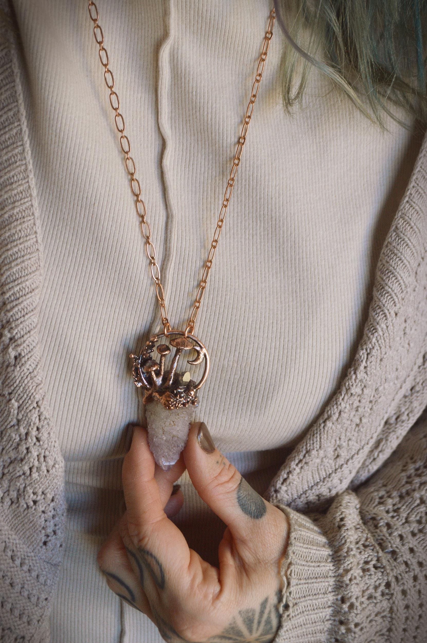 Whimsical fairy quartz tower, mini landscape pendant with tiny moon and mushrooms