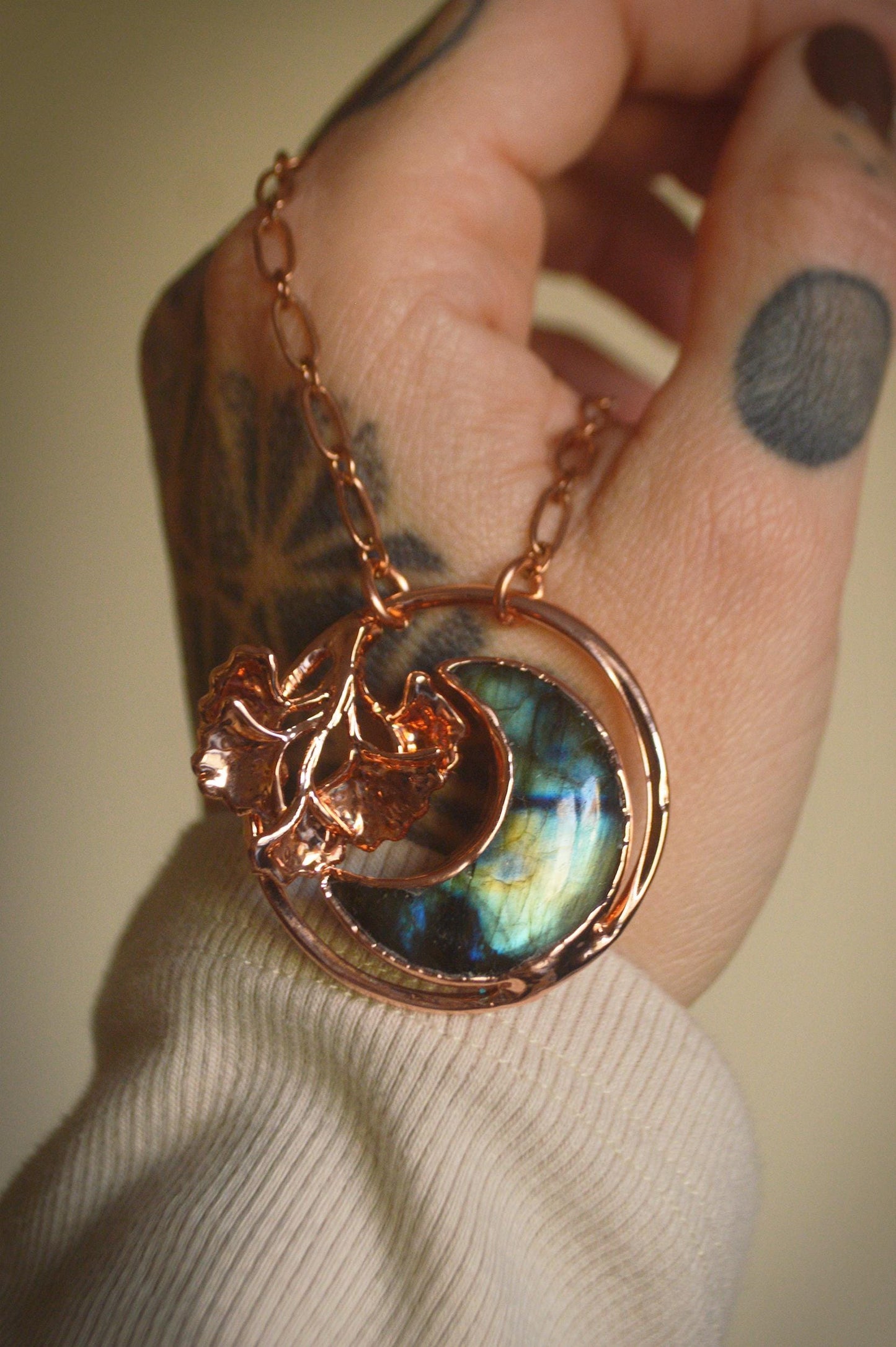 Dreamy necklace with blue labradorite moon and miniature gingko leaves