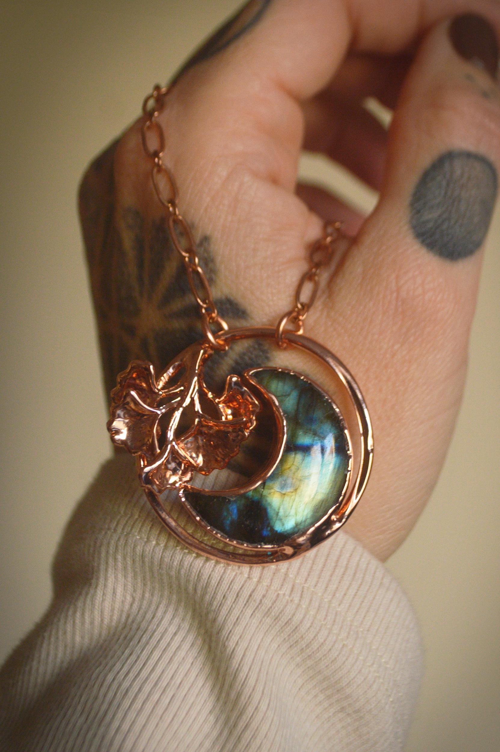 Dreamy necklace with blue labradorite moon and miniature gingko leaves