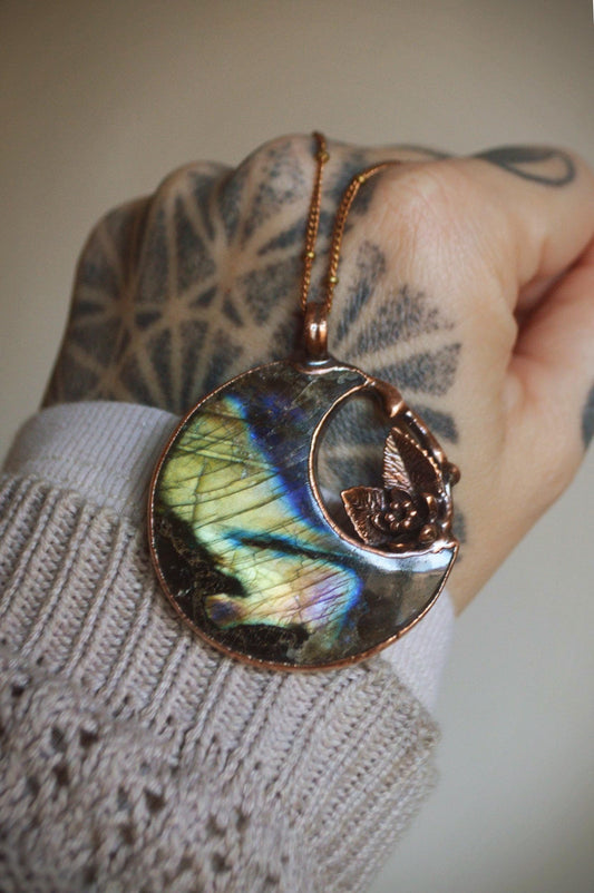 Fantasy pendant with big labradorite moon and miniature flower and leaves