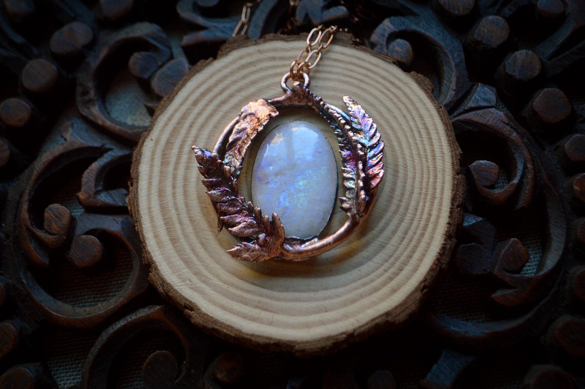 Statement rainbow moonstone pendant with real ferns. Botanical, boho wedding