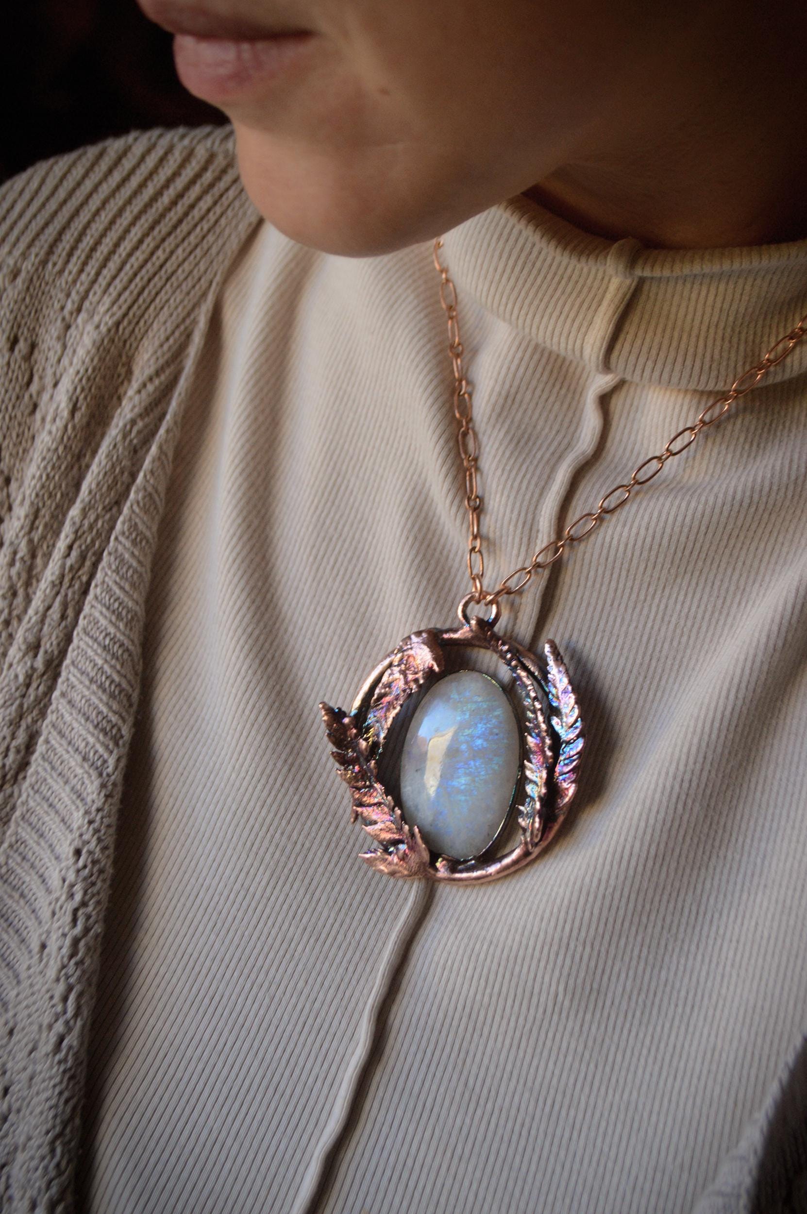 Statement rainbow moonstone pendant with real ferns. Botanical, boho wedding
