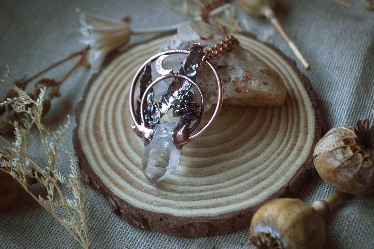 Real pinecone and fern necklace with raw quartz shard and crescent moon