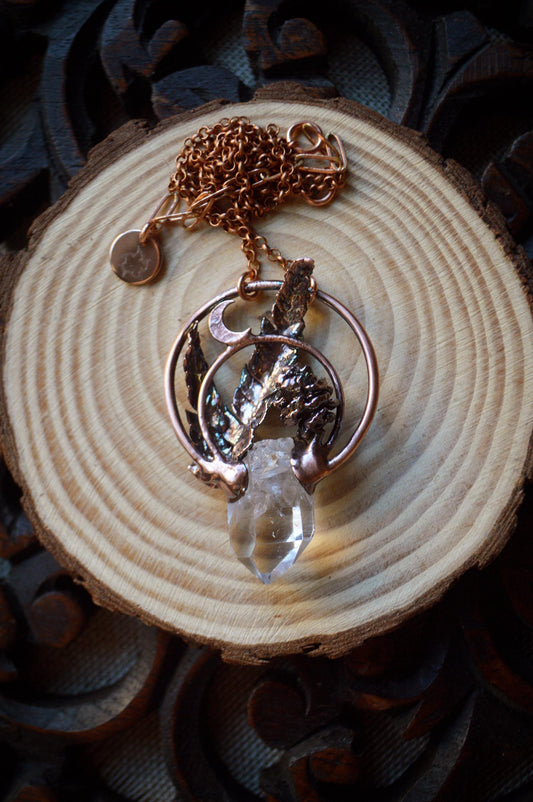 Real pinecone and fern necklace with raw quartz shard and crescent moon