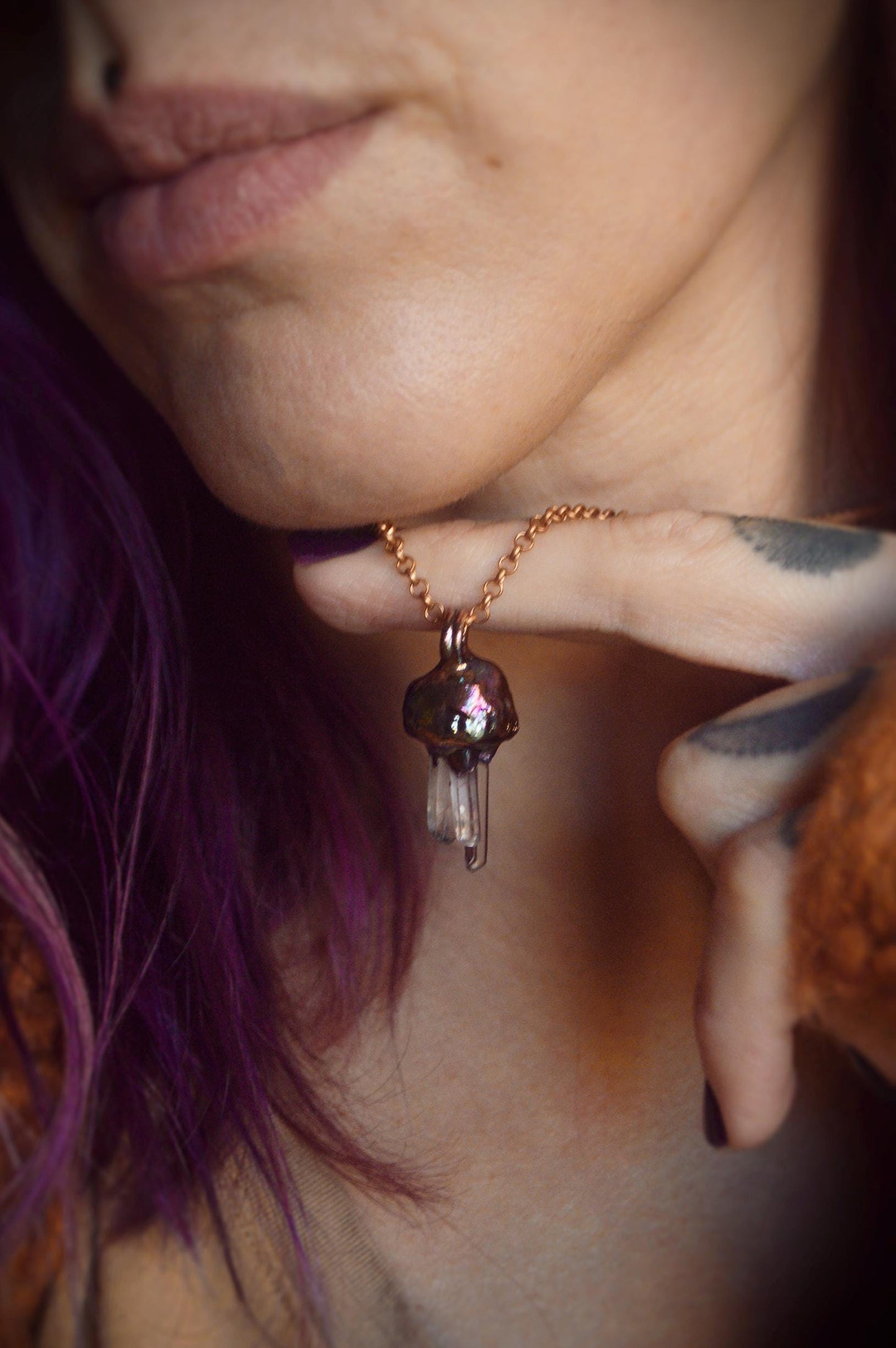 Real acorn necklace with quartz points. Electroformed botanical jewellery