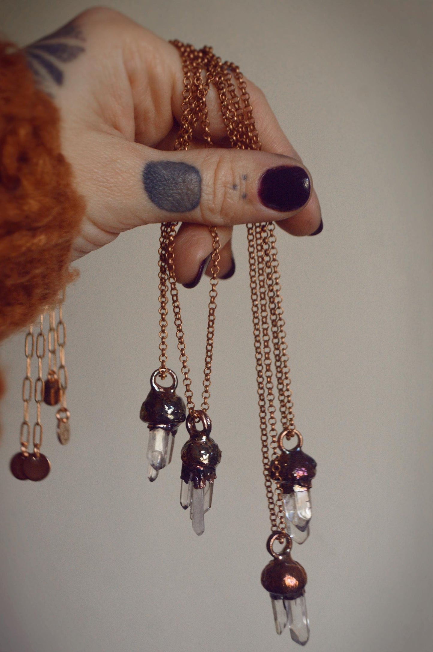 Real acorn necklace with quartz points. Electroformed botanical jewellery