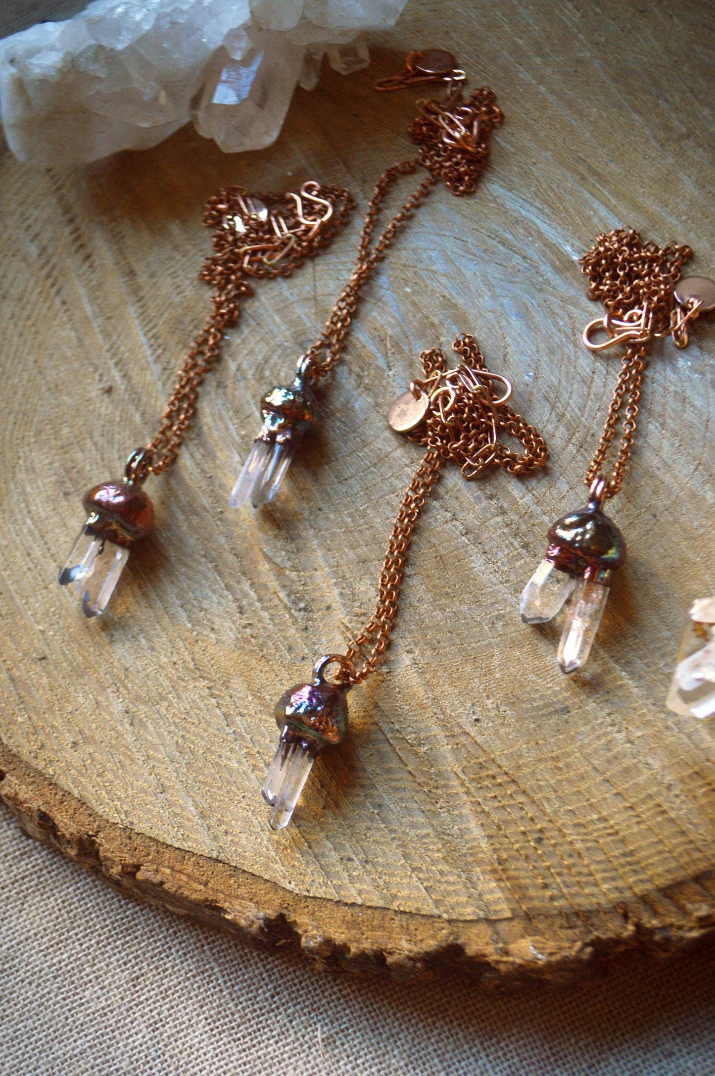 Real acorn necklace with quartz points. Electroformed botanical jewellery