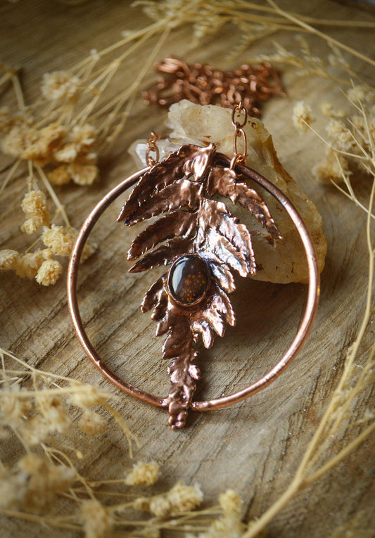 Reversible pendant, real fern with high grade fire agate. Rainbow copper necklace