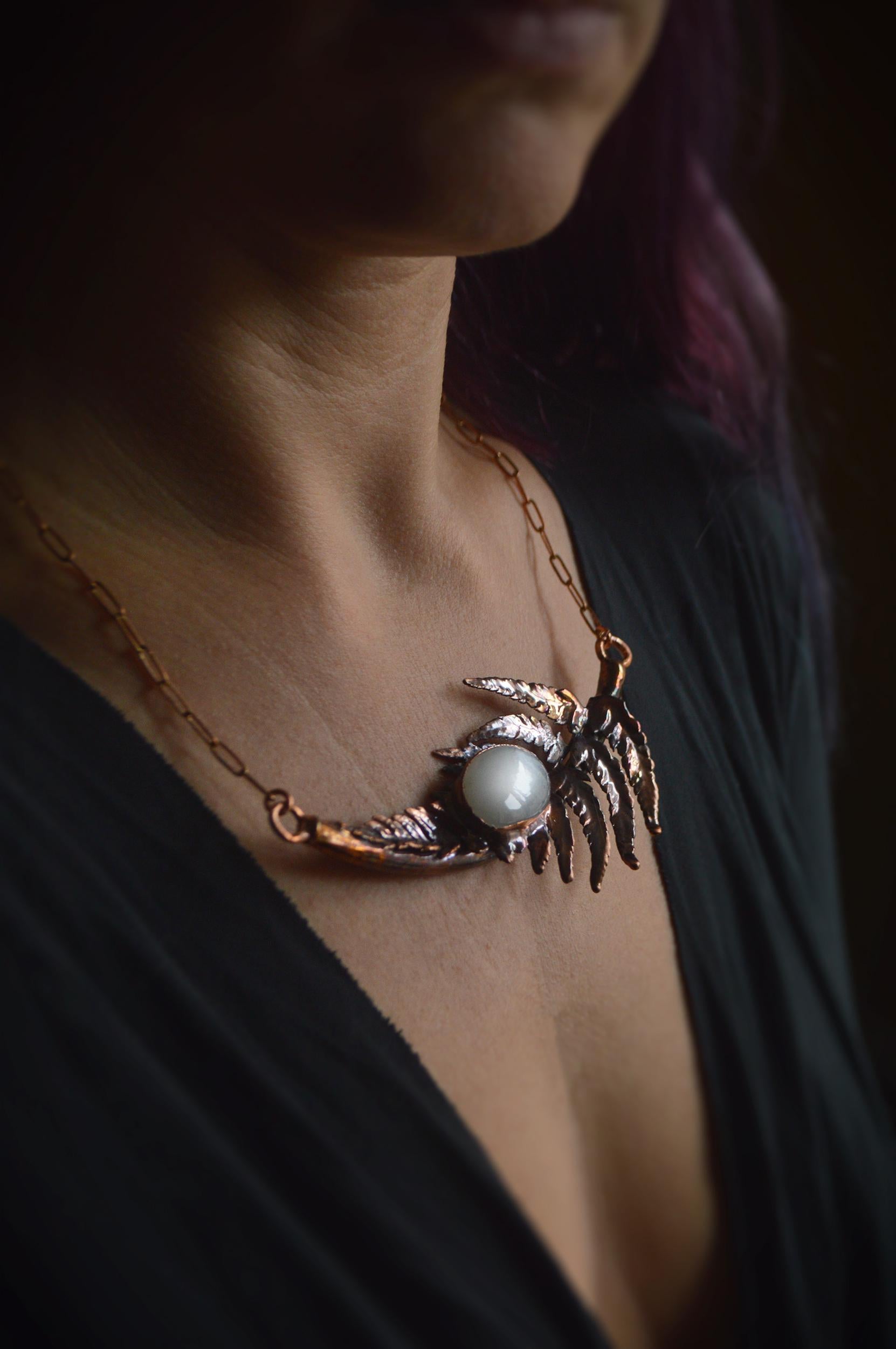 Real fern leaf collar with grey moonstone. Statement botanical necklace