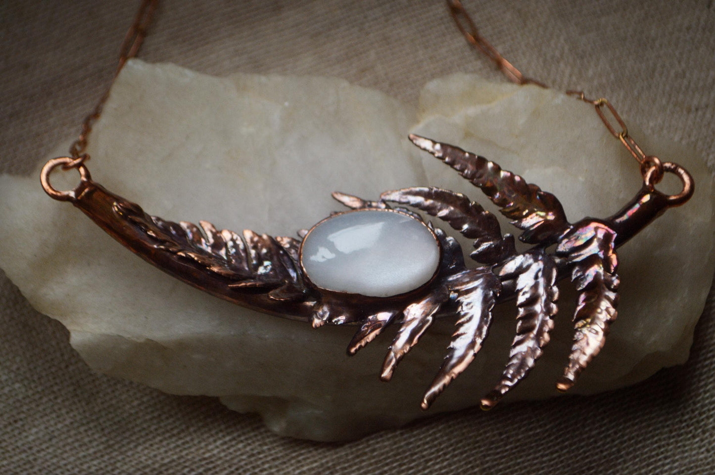 Real fern leaf collar with grey moonstone. Statement botanical necklace