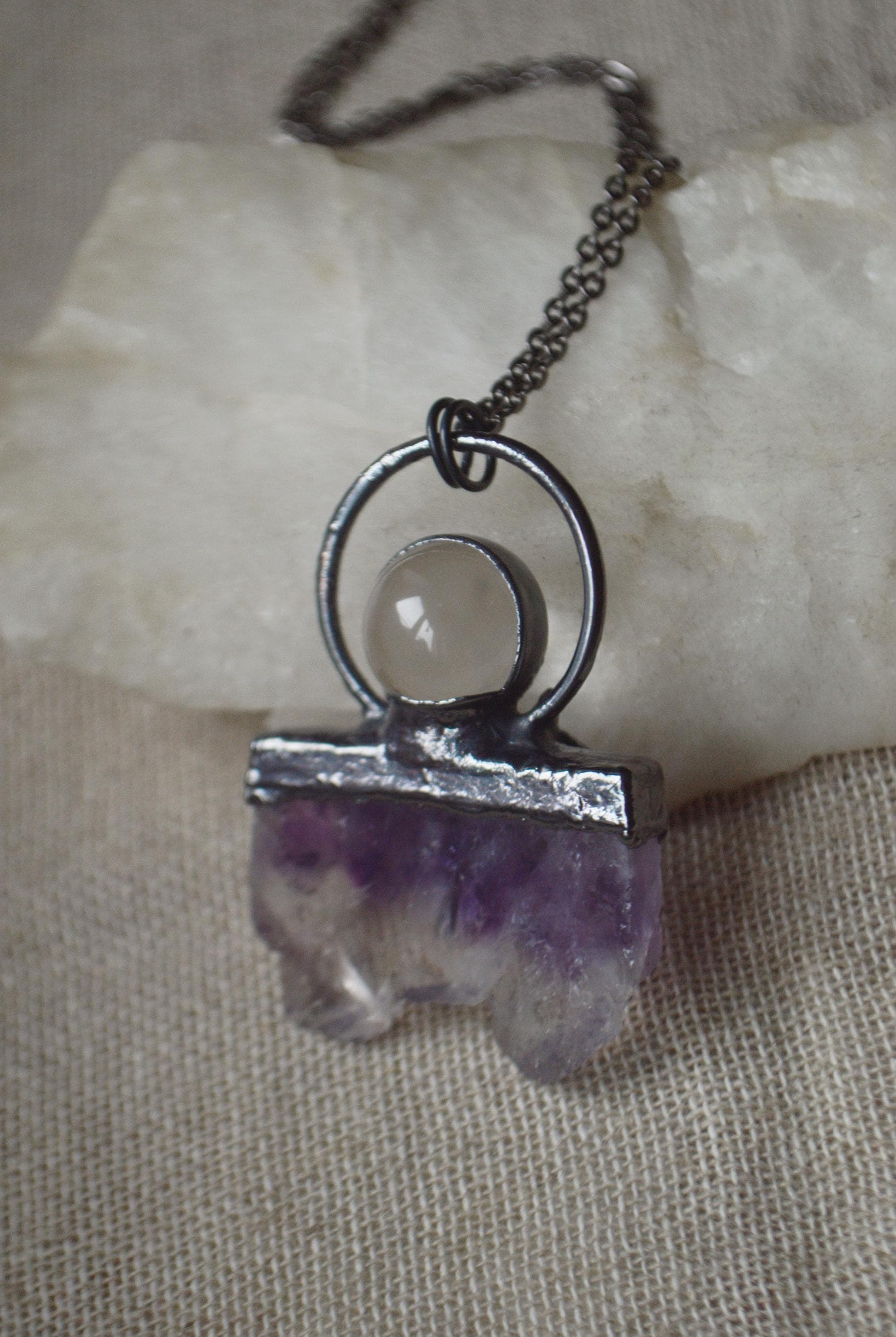 Fern pendant with aura quartz point and amethyst, fairy jewellery