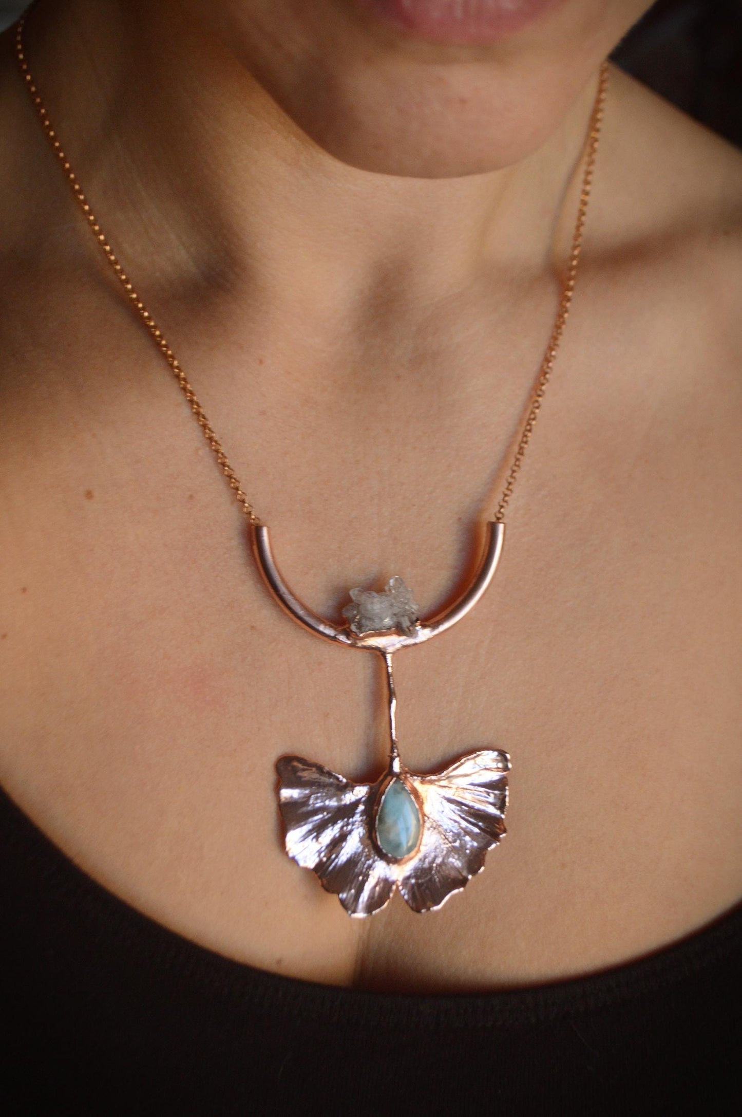 Real Gingko leaf with Larimar and quartz cluster electroformed in copper. Boho gifts for her