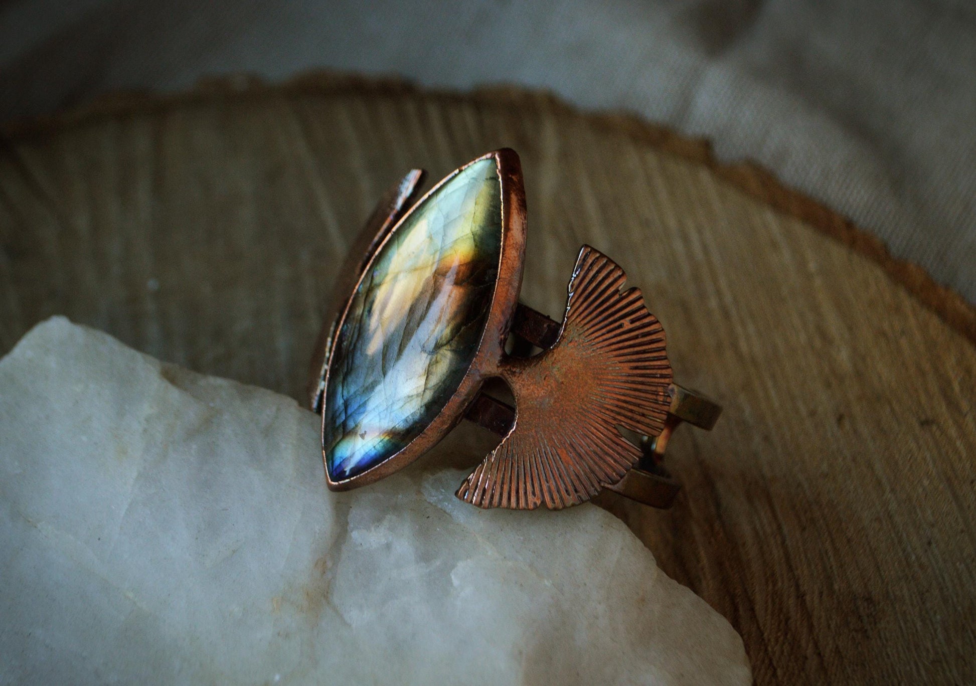 Gingko inspired labradorite statement bangle