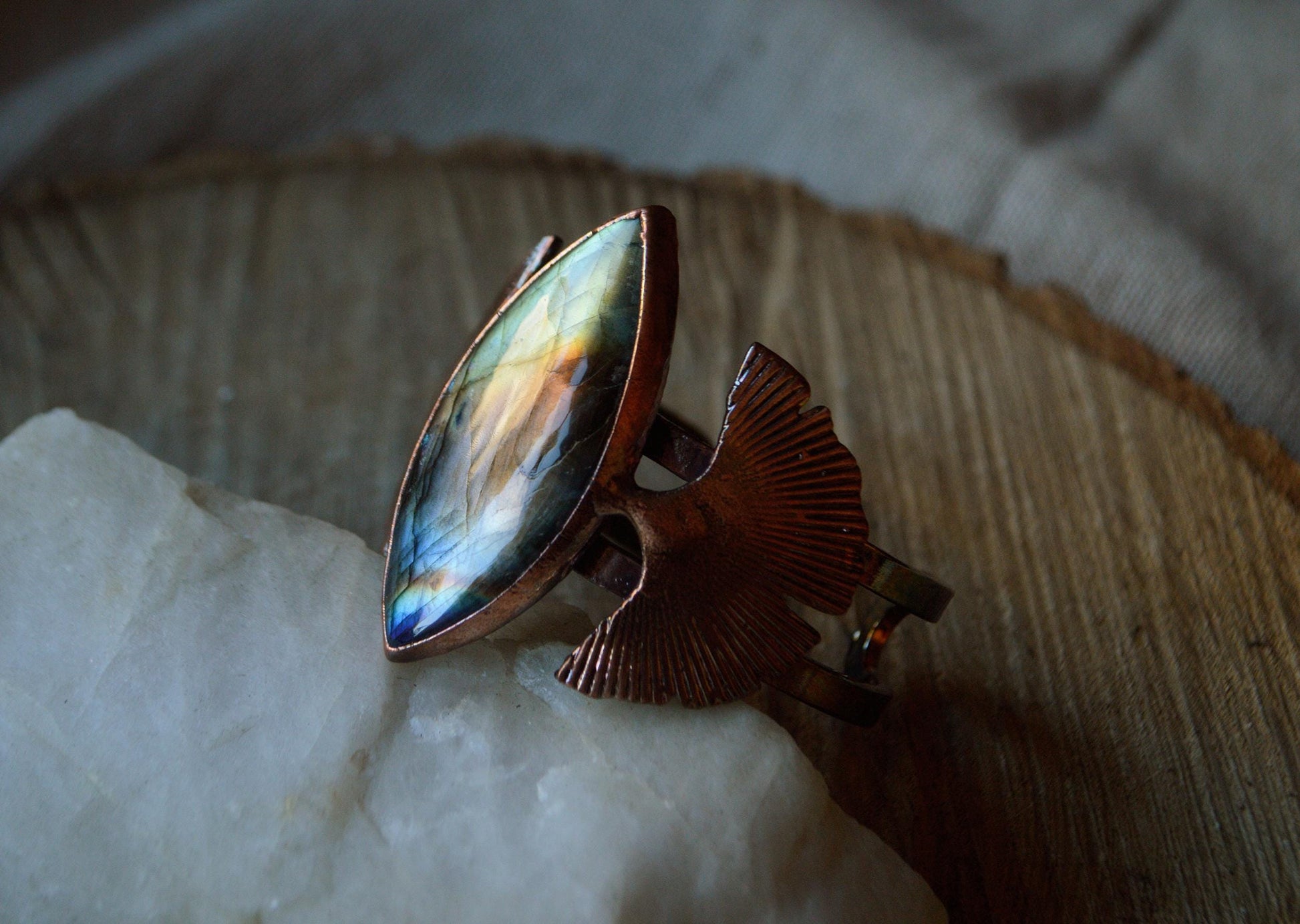 Gingko inspired labradorite statement bangle