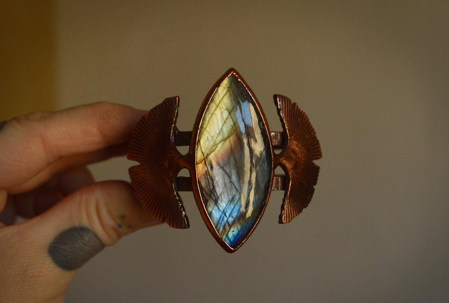 Gingko inspired labradorite statement bangle