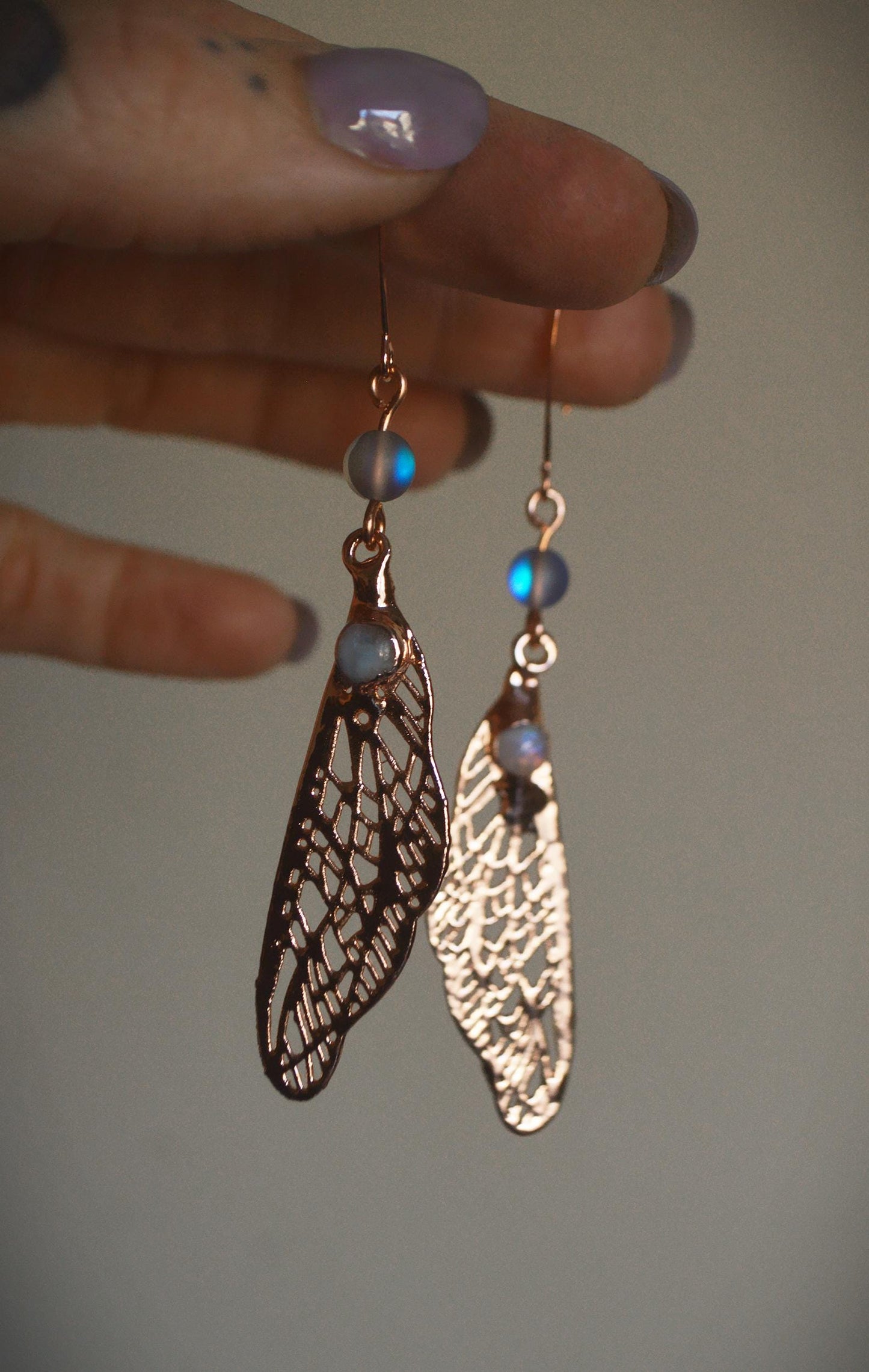 Fairy wing copper earrings with Rainbow moonstone, whimsical jewellery
