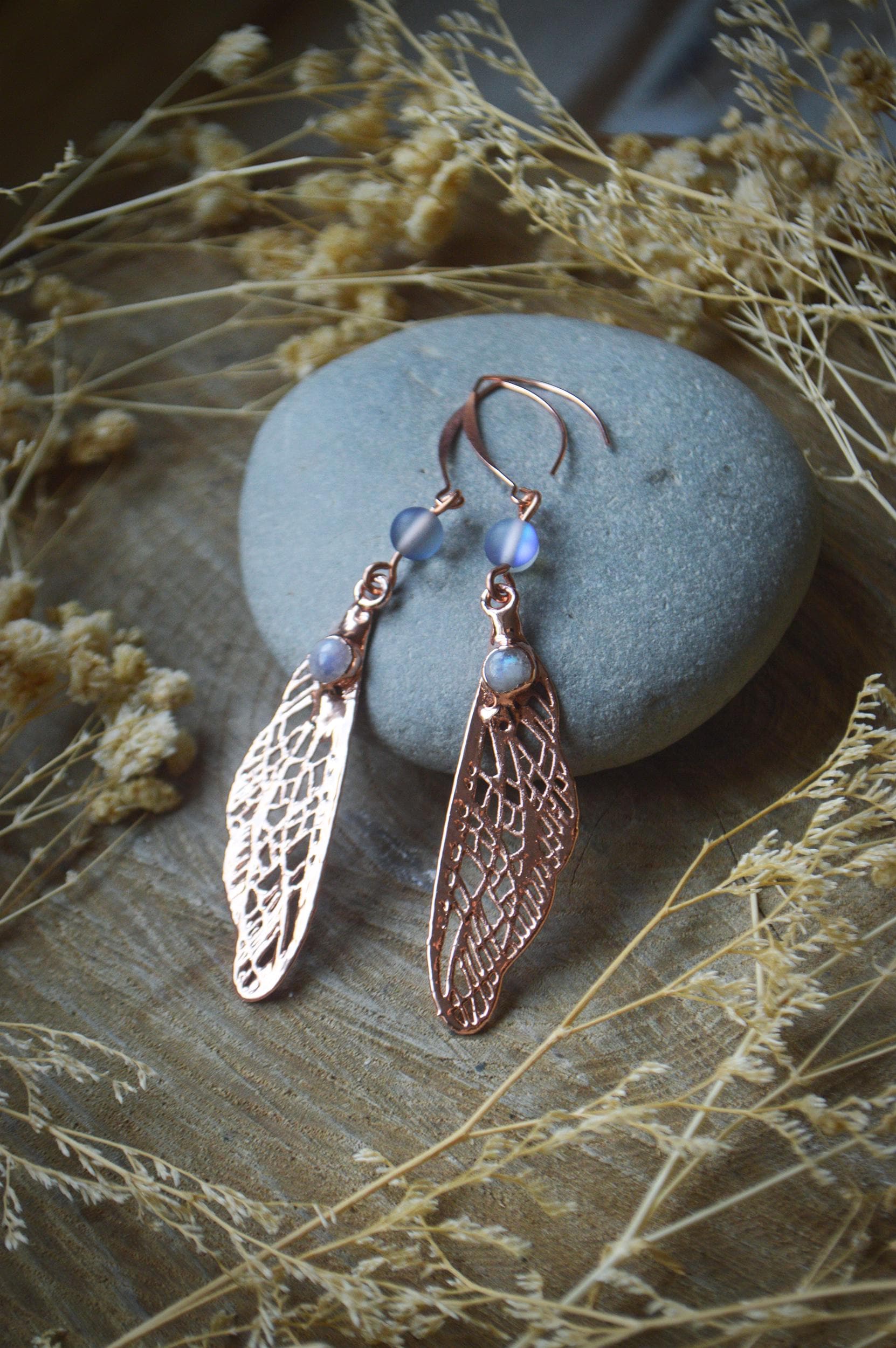 Fairy wing copper earrings with Rainbow moonstone, whimsical jewellery