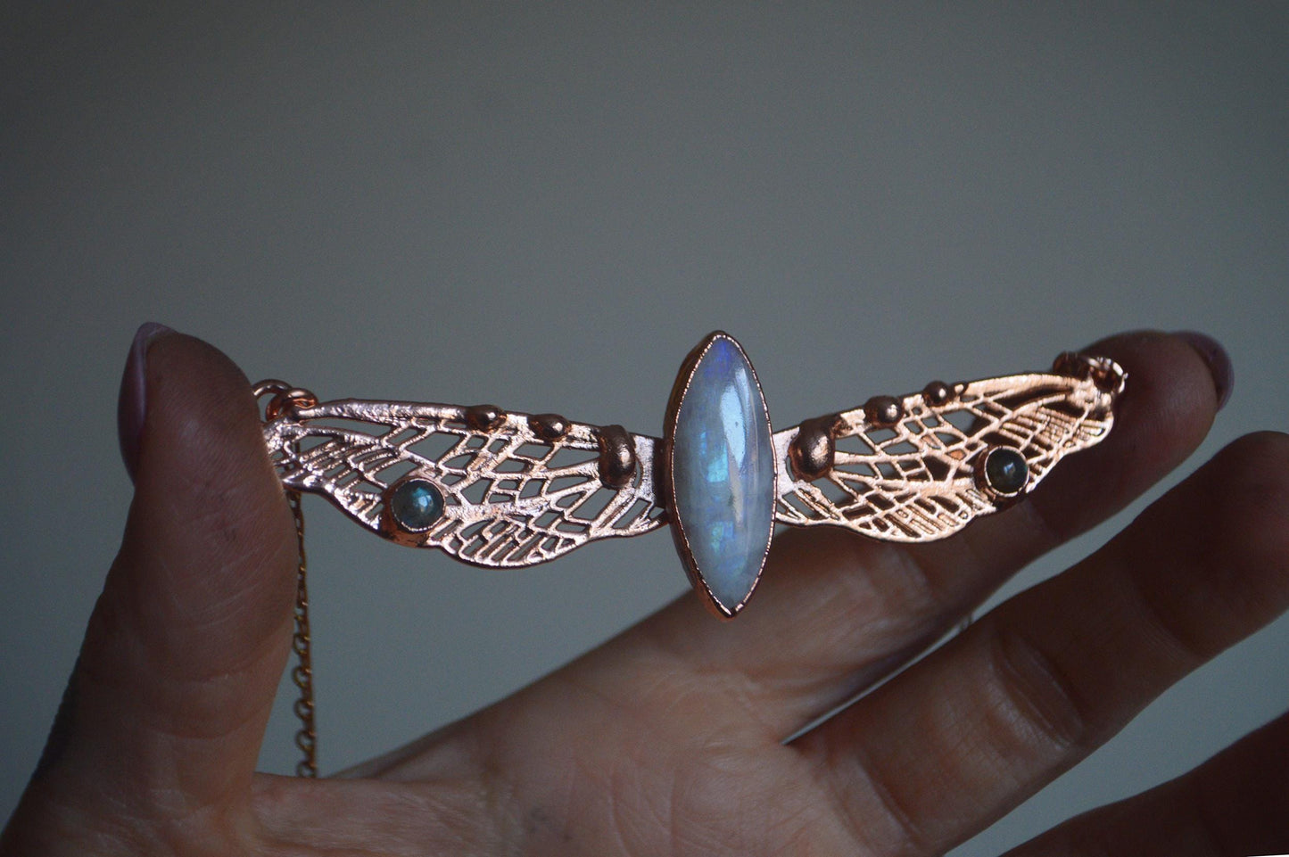 Rainbow moonstone dragonfly necklace, copper electroformed whimsical jewellery. Bright copper finish, faerie, pixie, valentine's gift