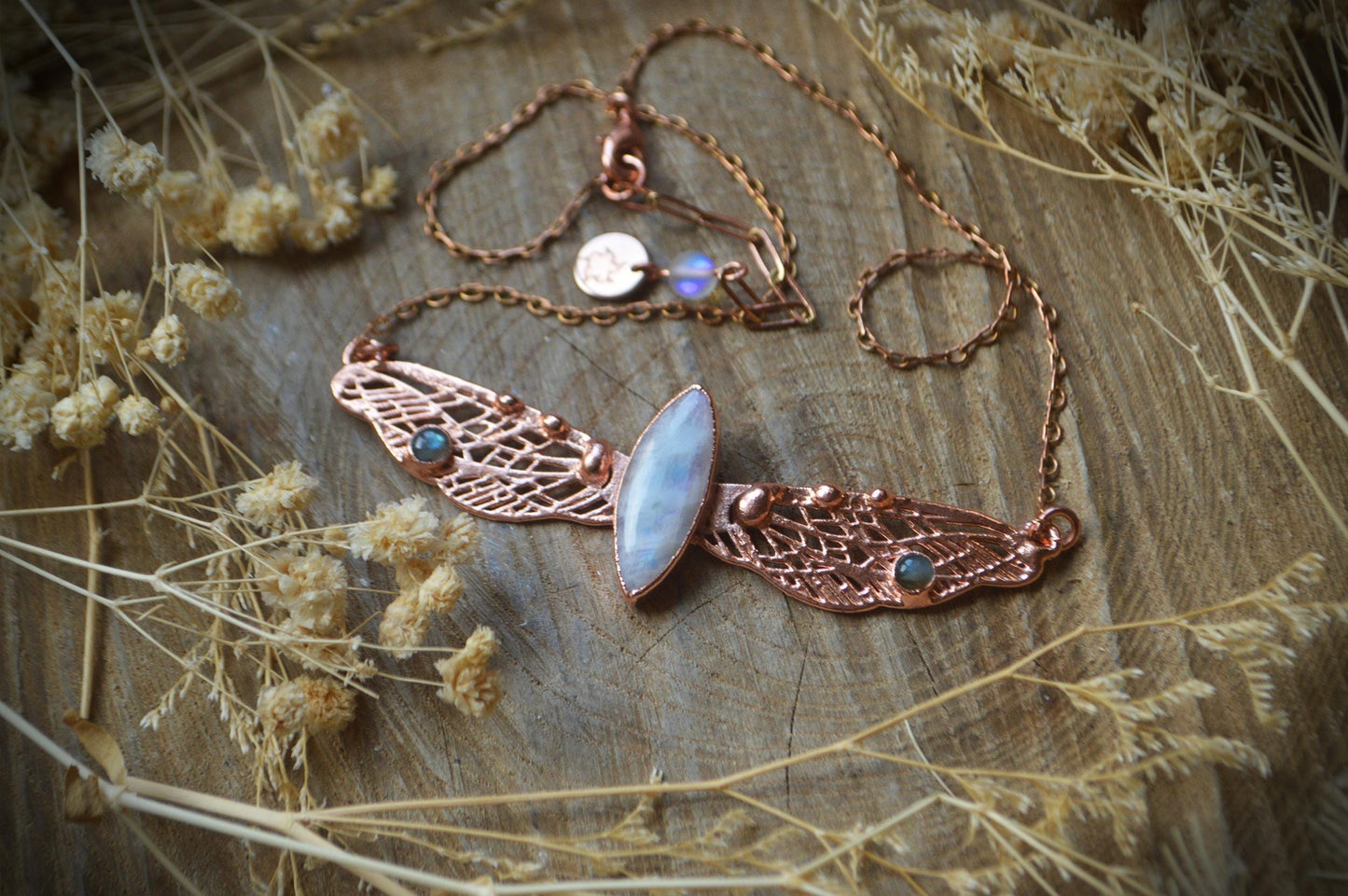 Rainbow moonstone dragonfly necklace, copper electroformed whimsical jewellery. Bright copper finish, faerie, pixie, valentine's gift
