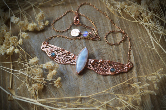 Rainbow moonstone dragonfly necklace, copper electroformed whimsical jewellery. Bright copper finish, faerie, pixie, valentine's gift