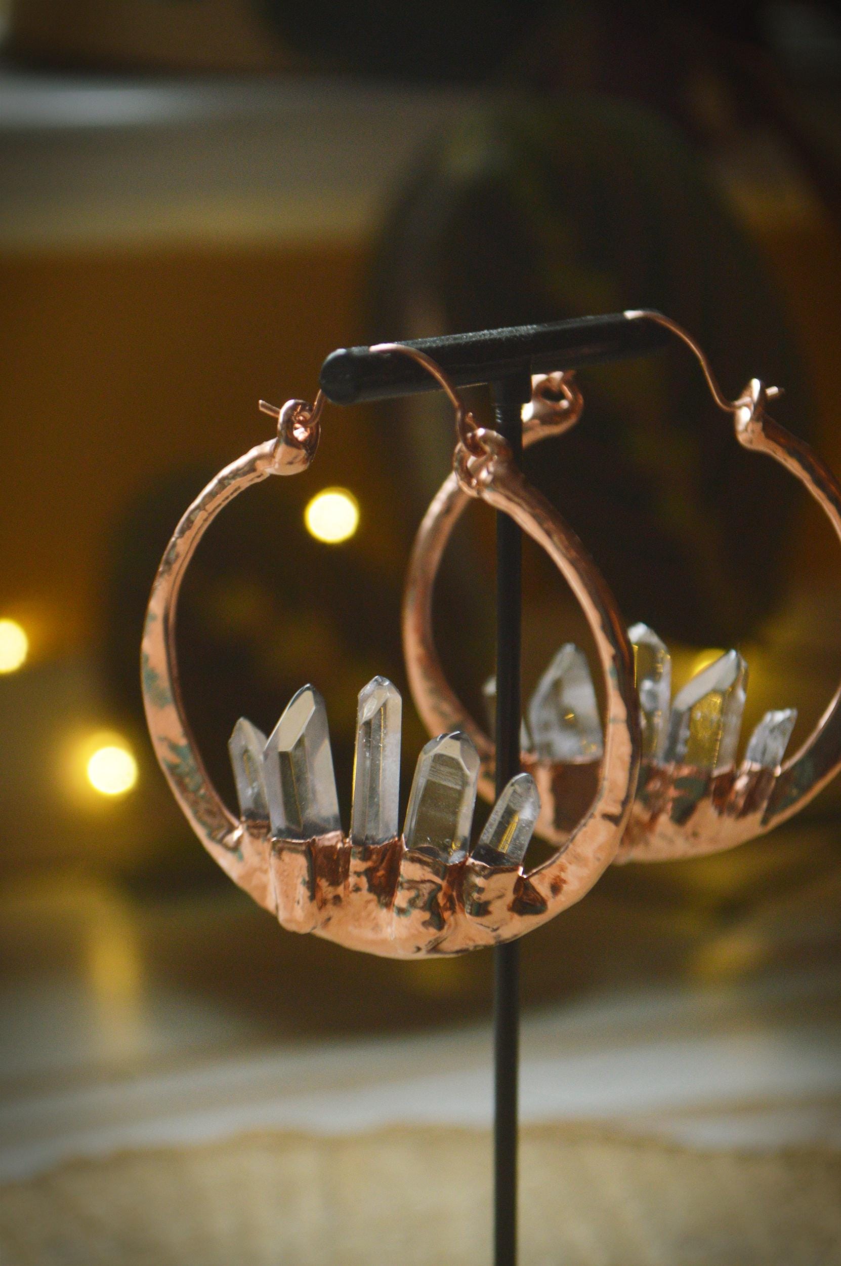 50 mm hammered hoops with quartz points. Electroformed rustic jewellery