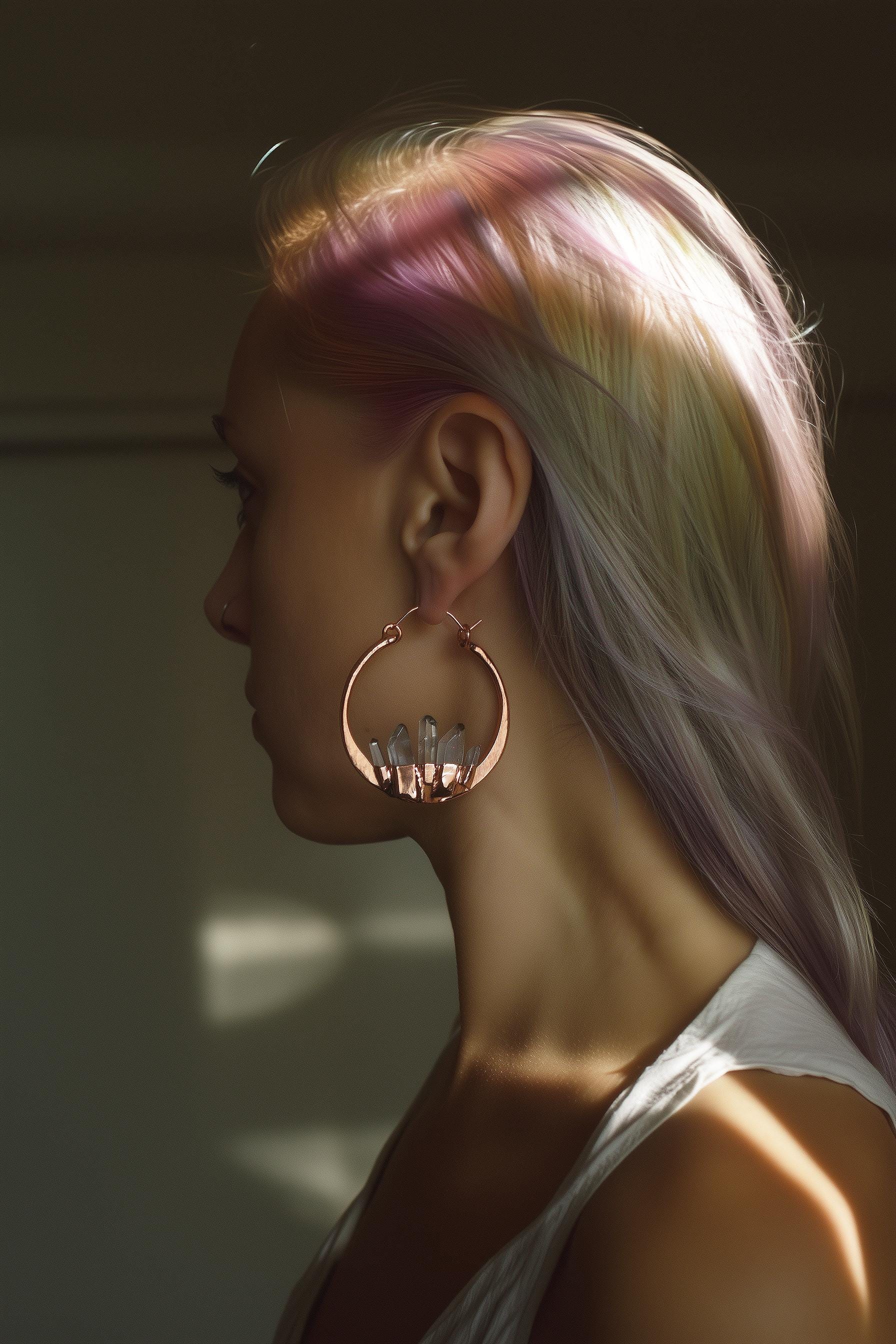 50 mm hammered hoops with quartz points. Electroformed rustic jewellery