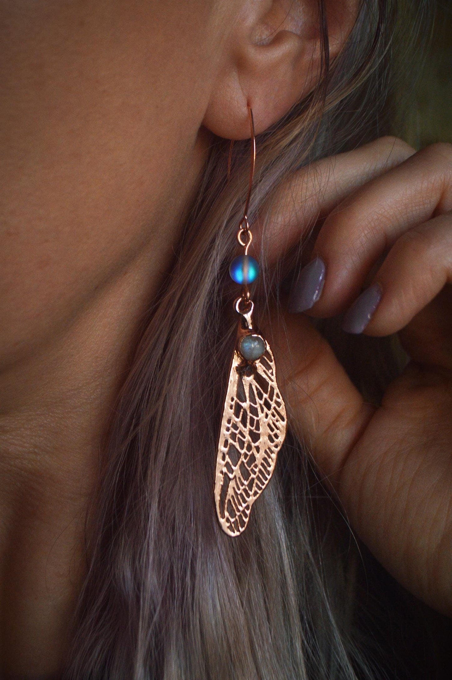 Fairy wing copper earrings with Rainbow moonstone, whimsical jewellery