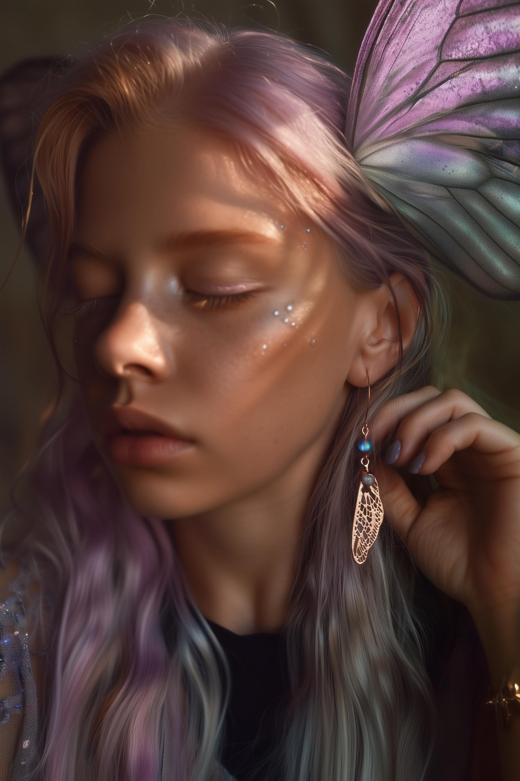 Fairy wing copper earrings with Rainbow moonstone, whimsical jewellery