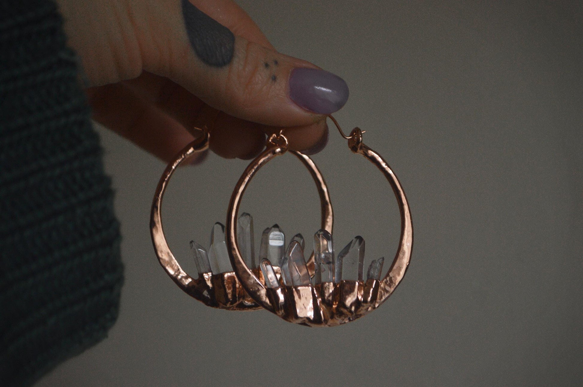 Oversized hammered hoops with quartz points. Electroformed rustic jewellery