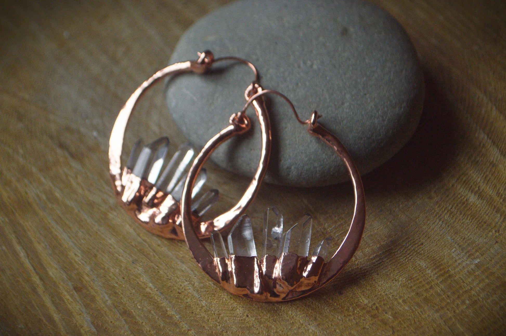 Oversized hammered hoops with quartz points. Electroformed rustic jewellery
