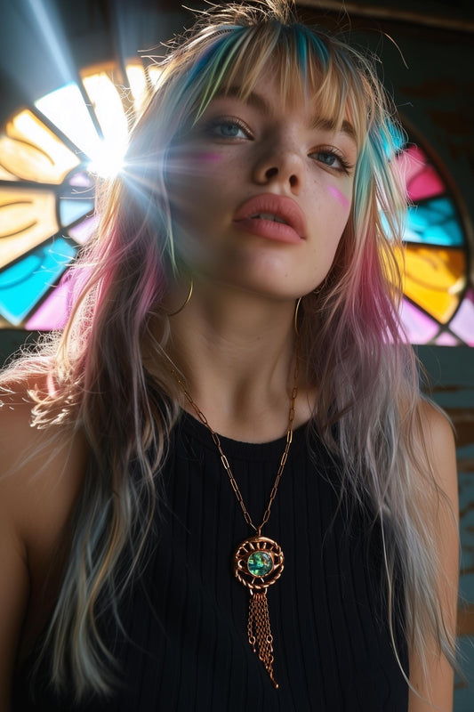 Fringe eye charm necklace with abalone shell.