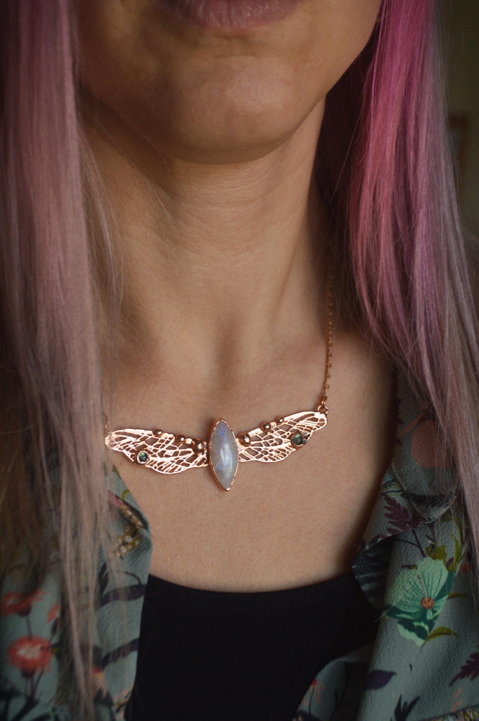 Rainbow moonstone dragonfly necklace, copper electroformed whimsical jewellery. Bright copper finish, faerie, pixie, valentine's gift