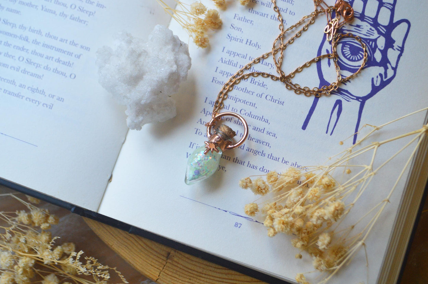 Magic potion vial, glow in the dark necklace. Copper witchy pendant